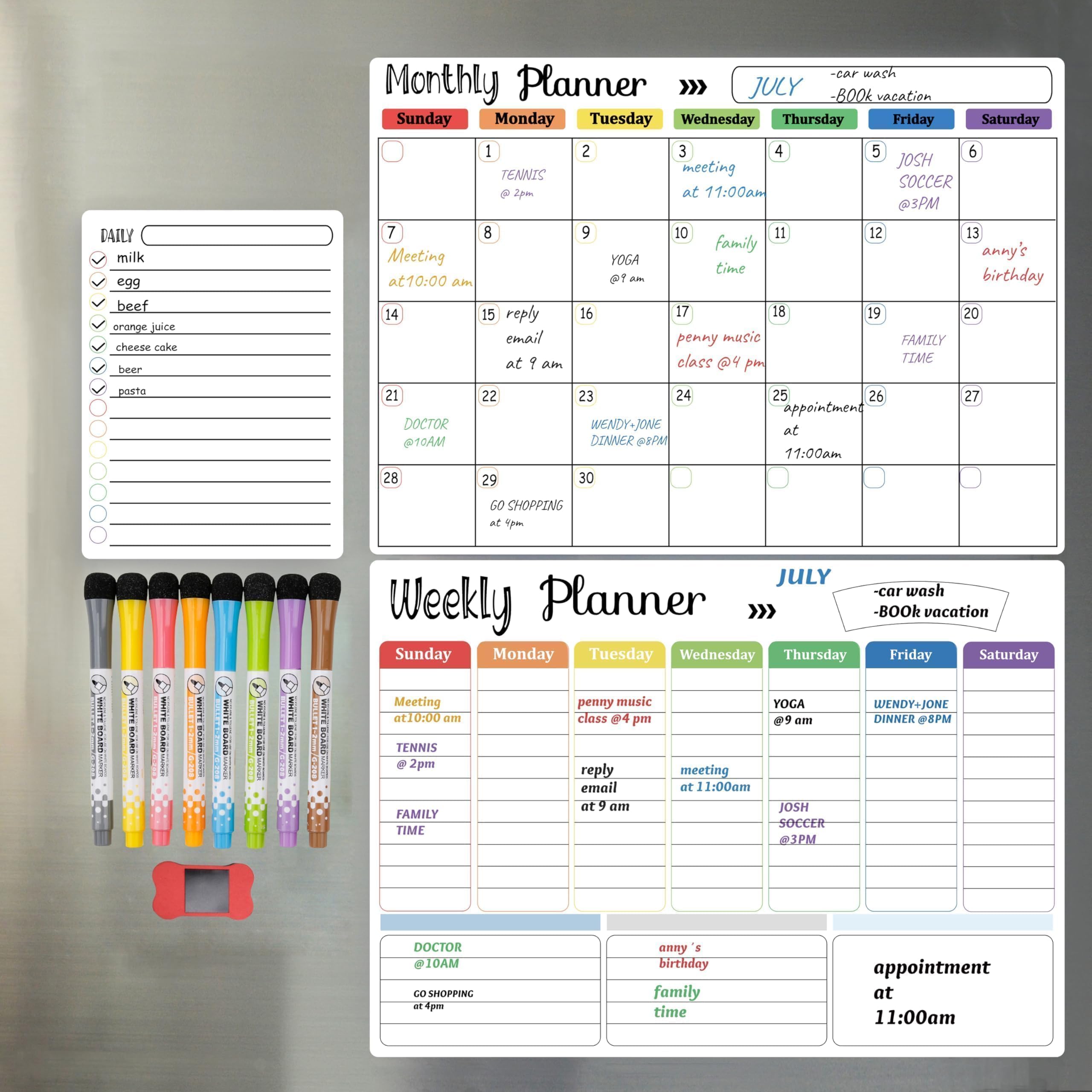 Photo 1 of Hivillexun 3-Pack Magnetic Dry Erase Calendar Whiteboard Set for Fridge, Wall & Refrigerator Organisation – Monthly, Weekly & Daily Planners – Includes 8 Markers & Eraser
