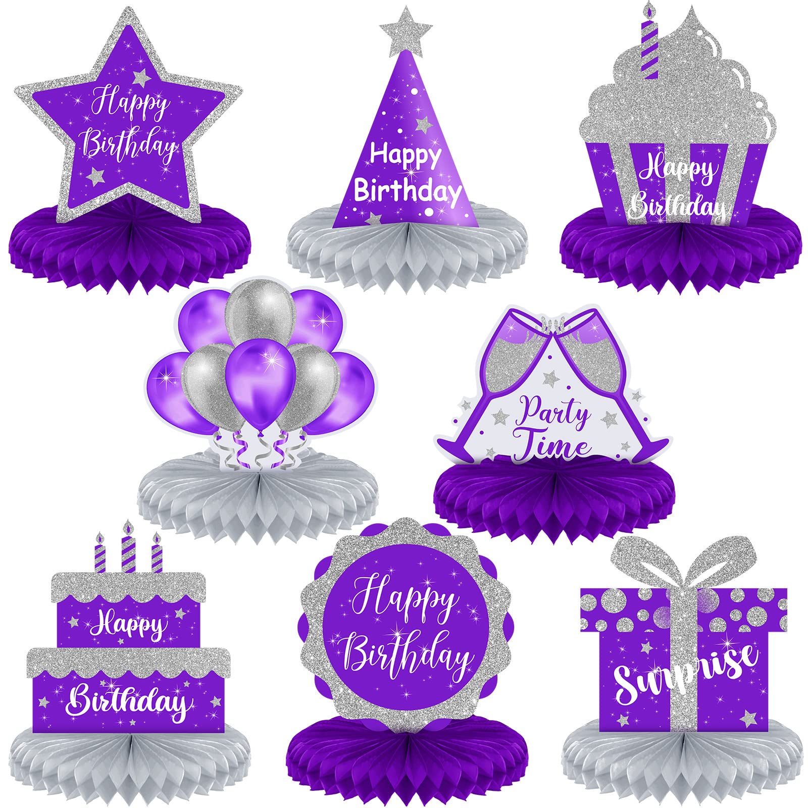 Yexiya 8 Pcs Purple and Silver Birthday Centerpiece Table Decoration, Happy Birthday Honeycomb Centerpieces Honeycomb Table Toppers for Men Women Party Supplies