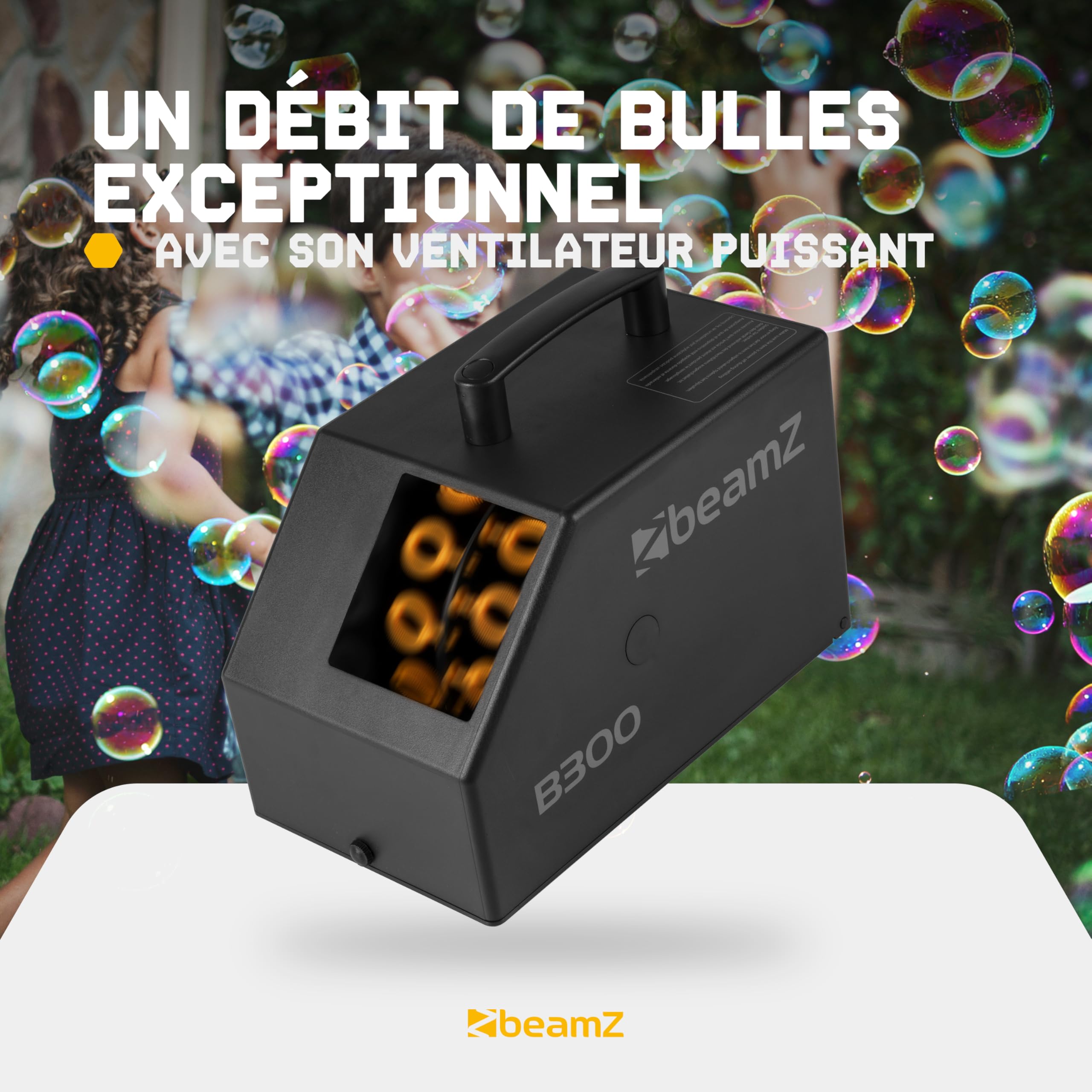 BeamZ B300 Pack Machine à Bulles Enfant/Mariage/Anniversaire avec 5L de Liquide - Double Roue, Facile à Transporter, Télécommande, Réservoir 700mL, Idéale pour Les Fêtes en Extérieur