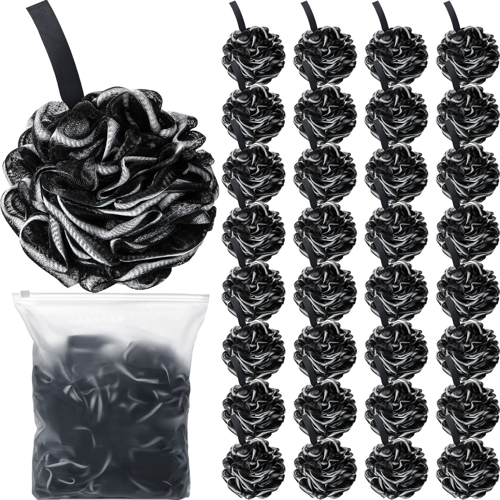 32 esponjas de baño para ducha a granel de 60 g, esponja de ducha corporal de carbón de bambú, esponja de malla grande, esponja suave para hombres y mujeres, bolas exfoliantes para puf de ducha con