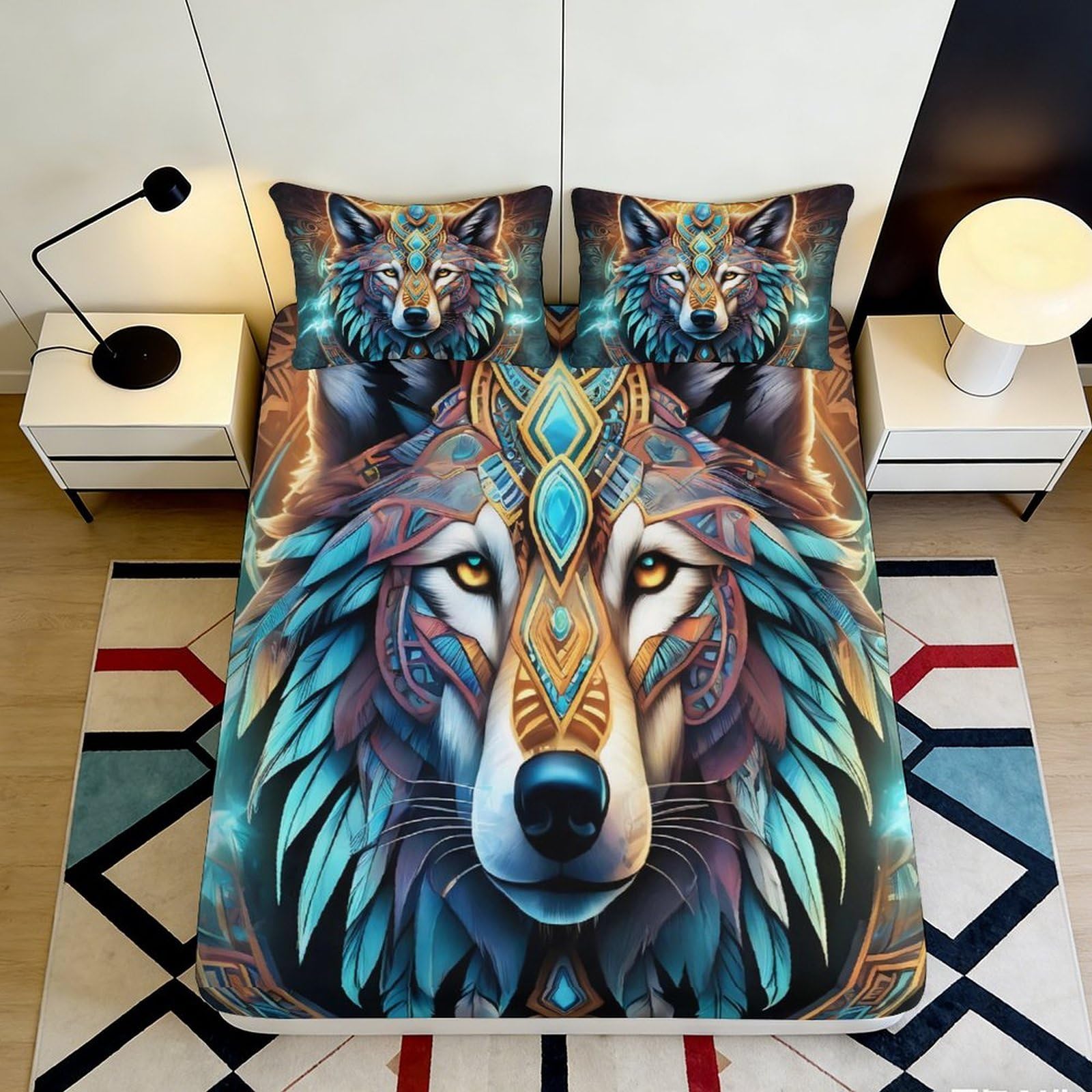 3D Printed Wolf Spirit Fitted Sheet Microfiber Vibrant Blue Native Forest Mattress Cover for Bedroom Dorm Decor 90x200x25cm