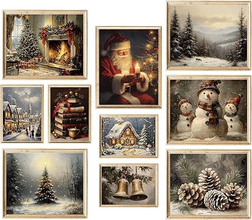 FYSUIMU 10 piezas de arte de pared de Navidad, pósteres de papel, árbol de Navidad, Papá Noel, muñeco de nieve, decoración de imagen para fiesta de