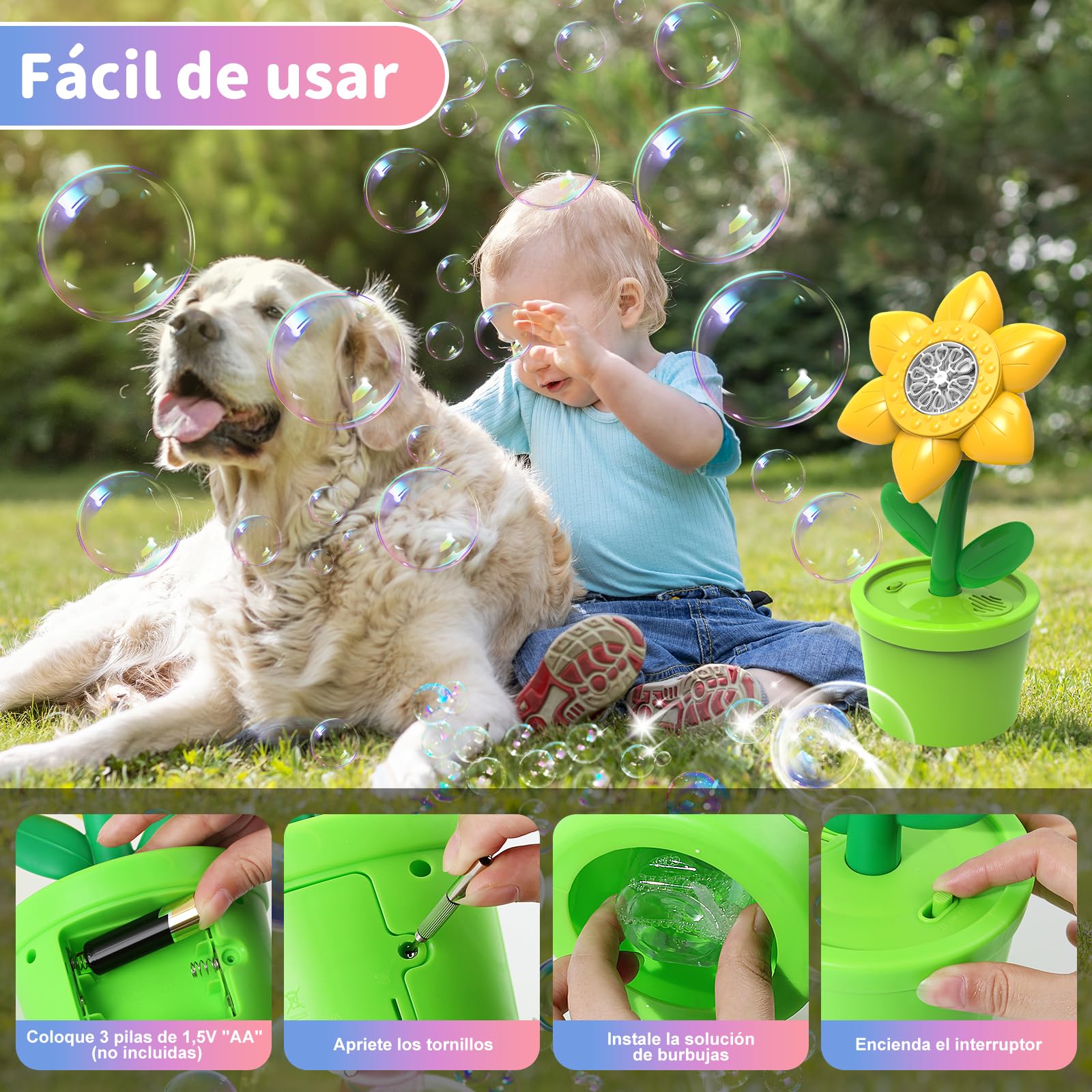 Máquina De Pompas De Jabón Con Forma De Girasol – Luces LED Y Música, Incluye 2 Botellas De Líquido, Ideal Para Fiestas Y Cumpleaños