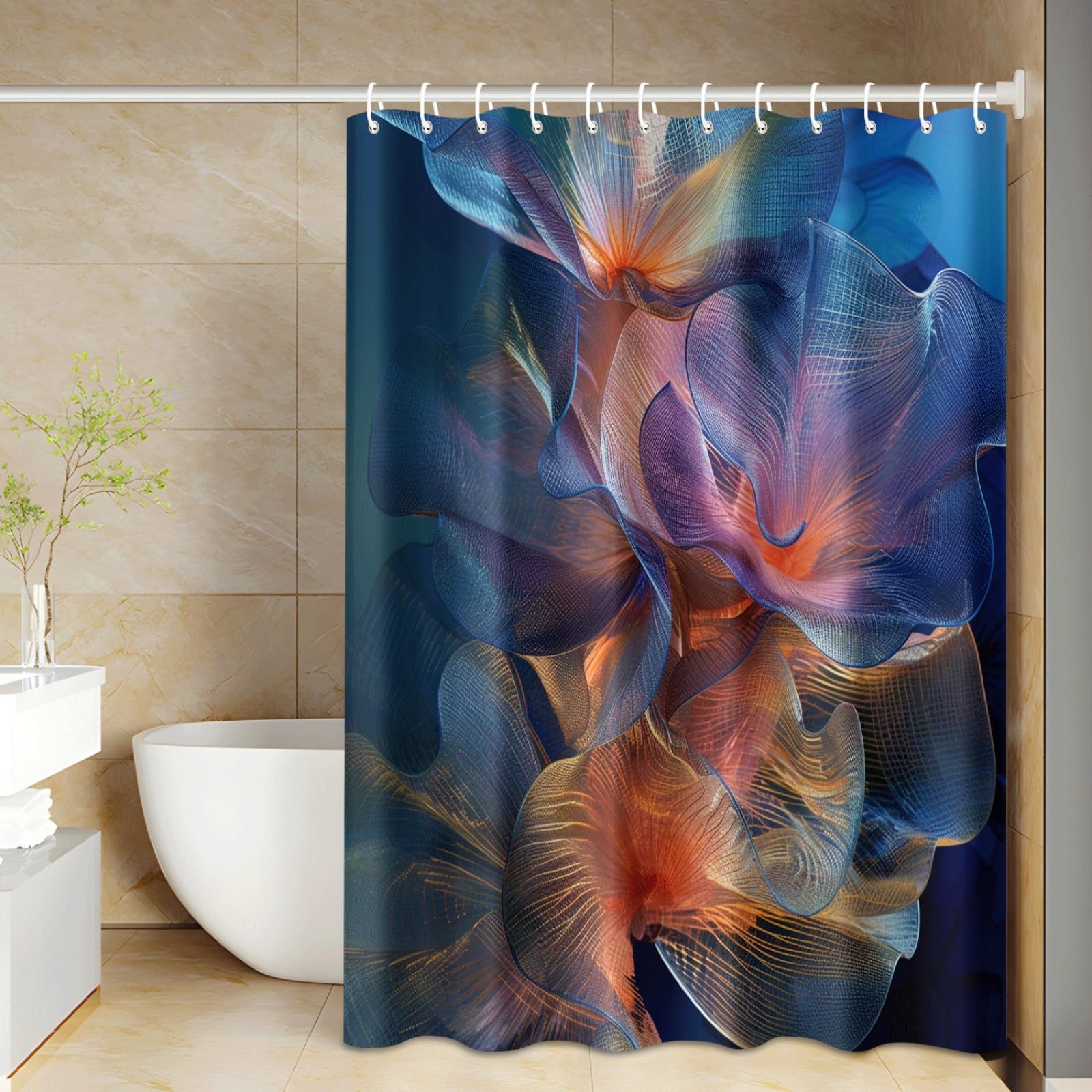 Tenda Doccia Fiore Blu Viola Tenda Doccia Antimuffa Impermeabile Poliestere Lavabile con 12 Ganci Facile da Installare Tende Finestra Bagno per Dormitorio Hotel(180x220cm)