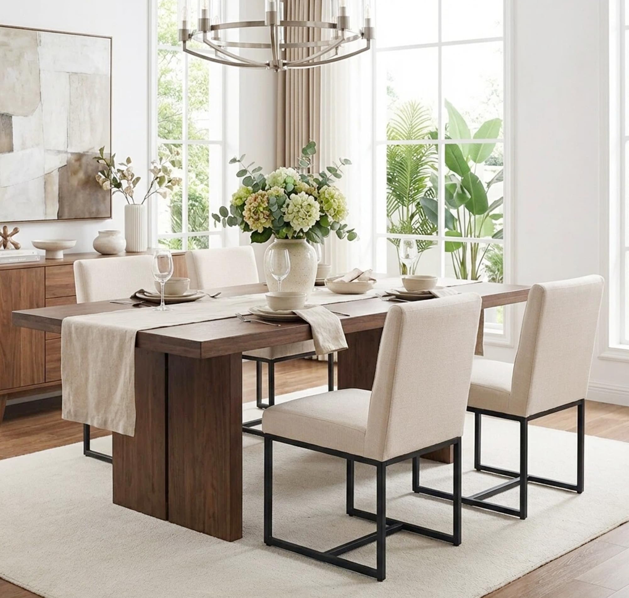 Shunzhi Upholstered Modern Dining Chairs Set of 4 Linen Mid Century Dining Room Chairs Armless Side Chair Comfy Kitchen Chairs with Black Metal Base