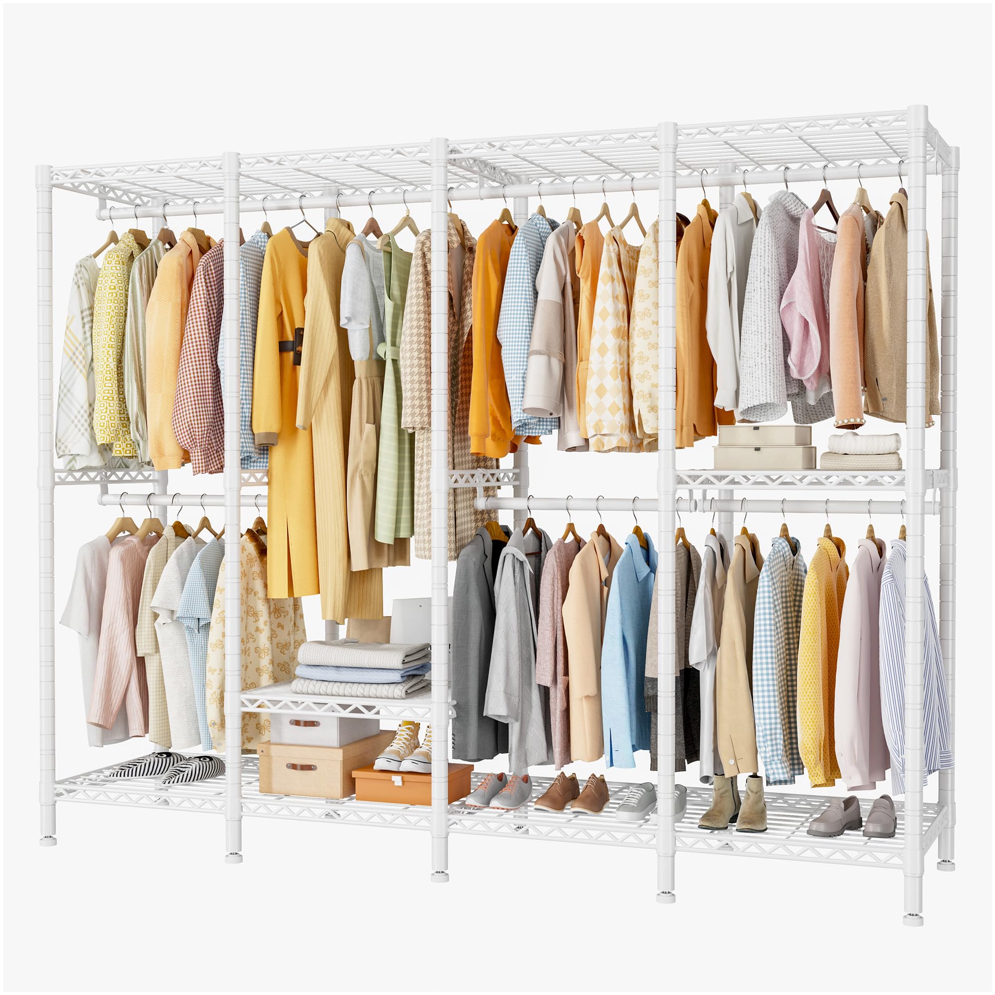 REIBII 500kg Heavy-Duty Clothes Rail with Adjustable Shelves and Hanging Rails, 195Hx93Wx45Dcm Space-Saving Open Wardrobe, Two-Modes Wider Clothes Rail Suitable for Bedroom, Dormitory, Corner, Closet