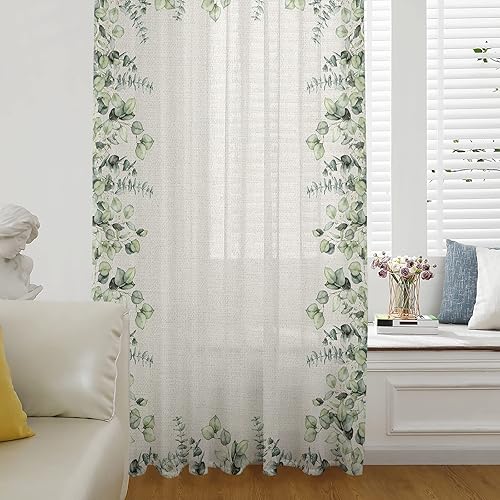 Cortinas de ventana de hojas de eucalipto de 63 pulgadas de largo, cortinas de gasa semitransparentes con bolsillo para barra, cortinas de gasa para