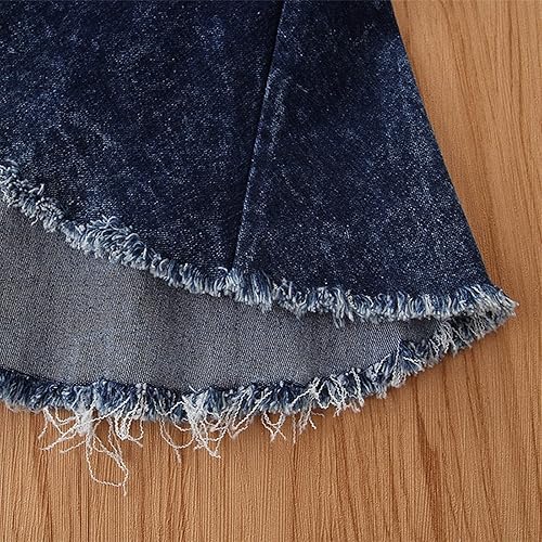 Toddler Baby Girl Flare Jeans Denim Pants Outfits, Elastic Waist Tie Dye Ruffle Raw Hem Bell Bottom Pants Fall Clothes(1-blue,1-2T)