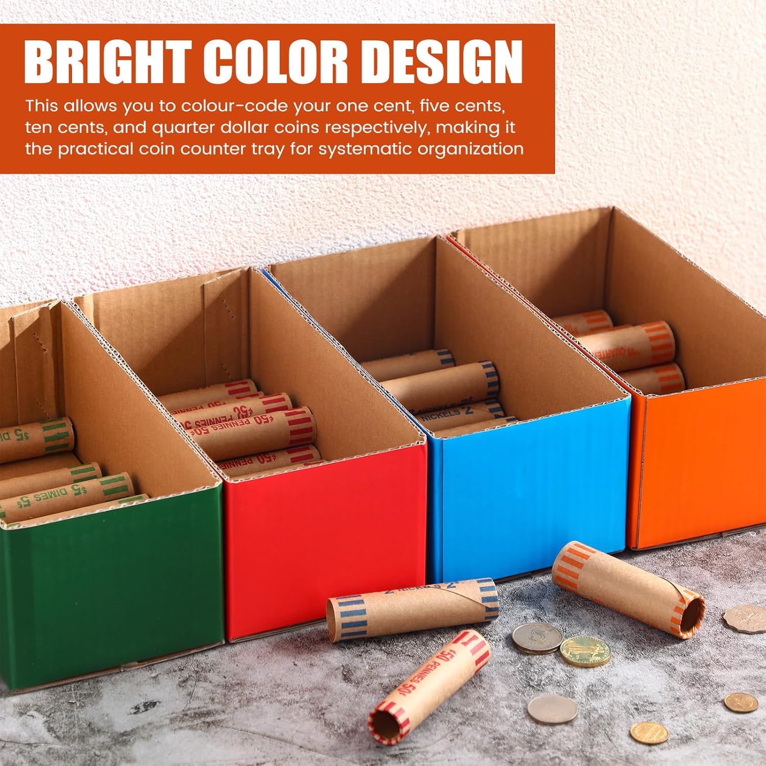 Feifeiya 20 Pcs Coin Trays for Rolled Coins High Capacity Sorting Tray Corrugated Paper Box for Penny, Nickel, Dime, Quarter Stackable Sorter Tray Color Coded Holder Organizer