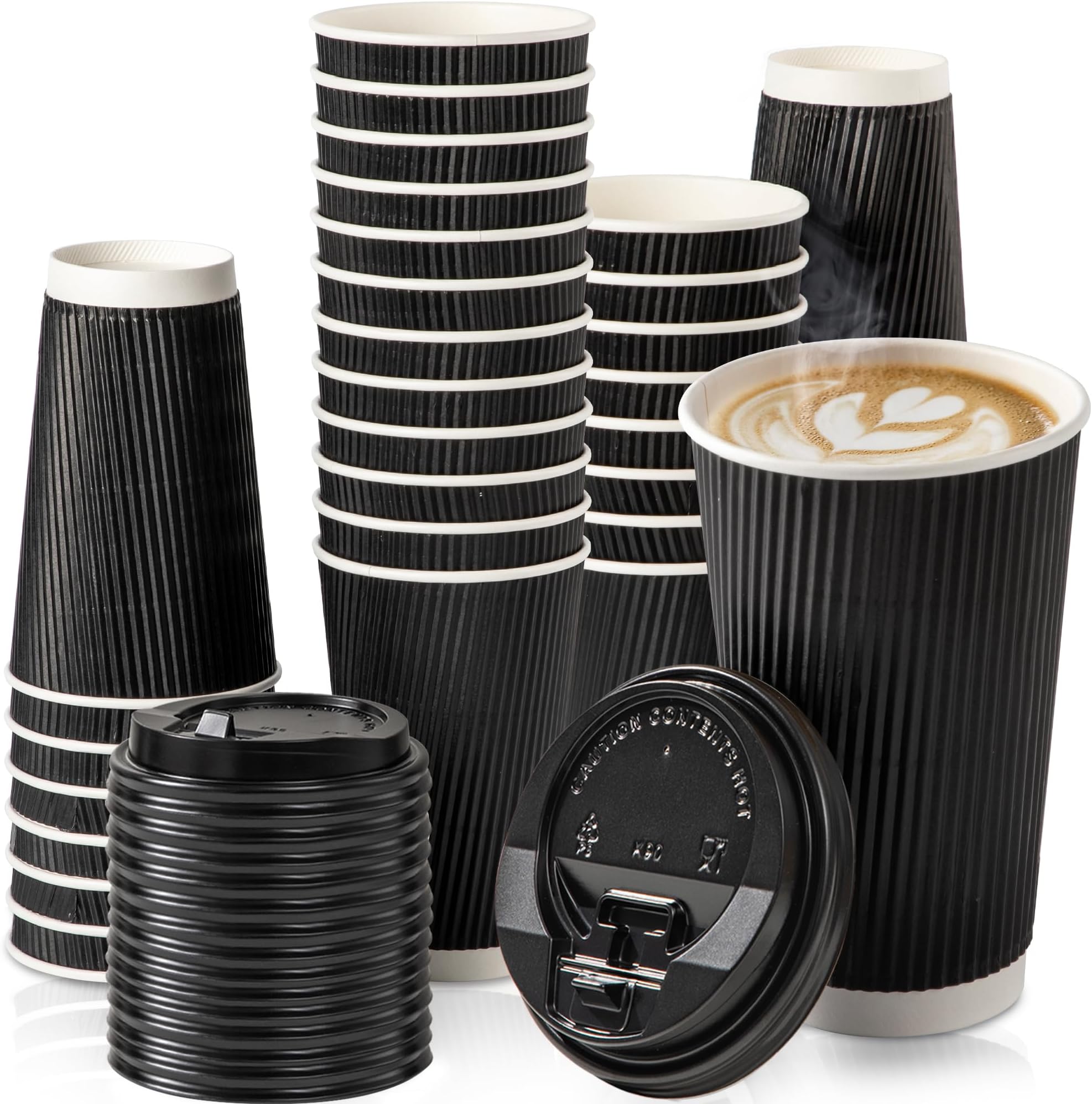 Fit Meal Prep 50 Pack 16 oz Black Disposable Coffee Cups with Lids & Stirrers, Corrugated Triple Wall To Go Hot Cups, Insulated Paper Coffee Cups for Hot Beverages, Travel, Home, Office (Black Lids)