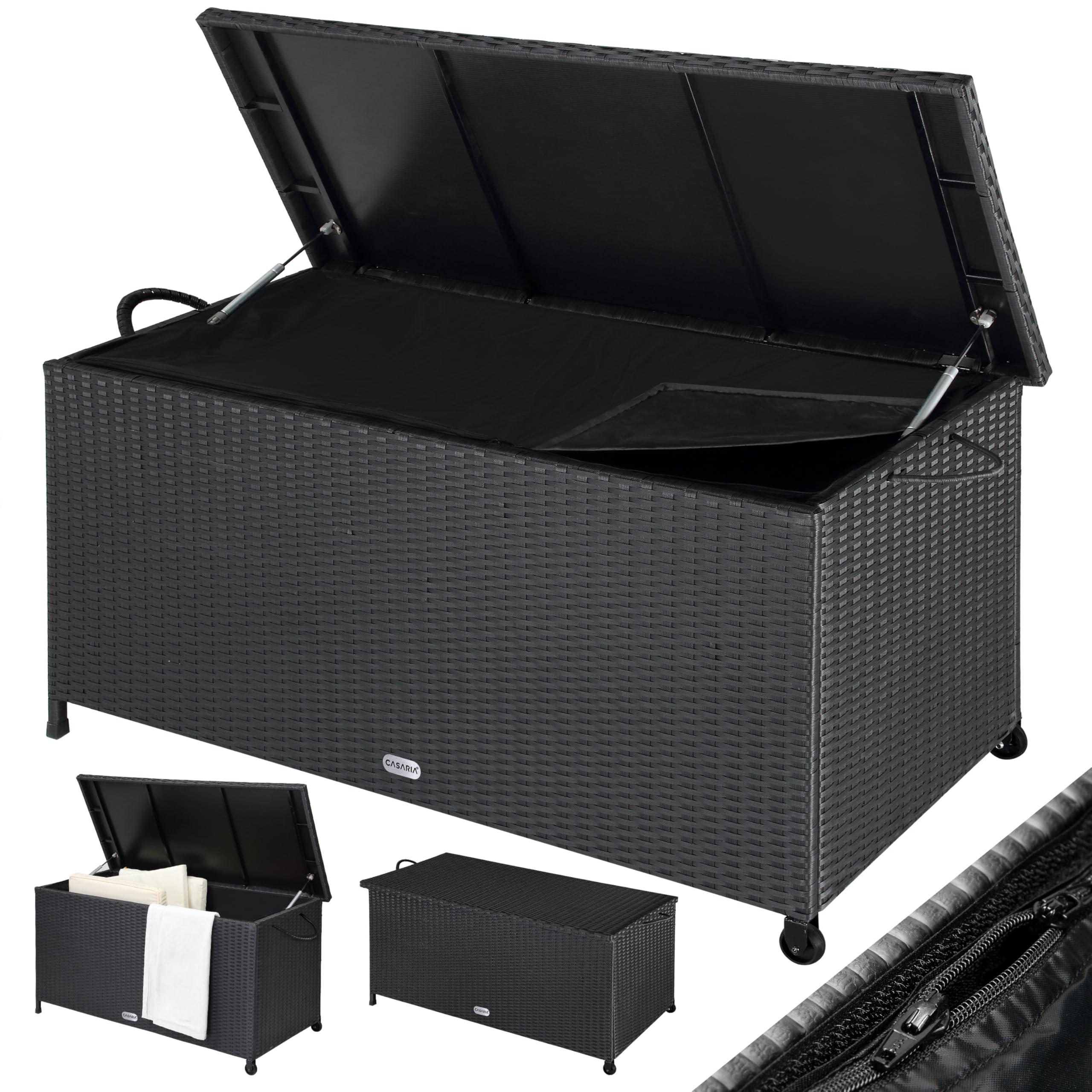 Casaria® Coffre de jardin XXL Noir - Malle de rangement en Polyrotin avec roulettes 270 L, étanche avec Vérin à gaz 117x53x60 cm pour Jardin, Balcon ou Terrasse