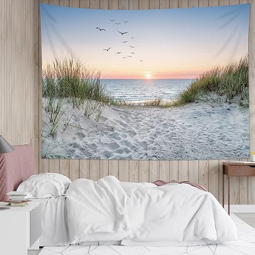 HVEST Ocean Beach Tapestry Wall Hanging, Sunset Seabird and Beach