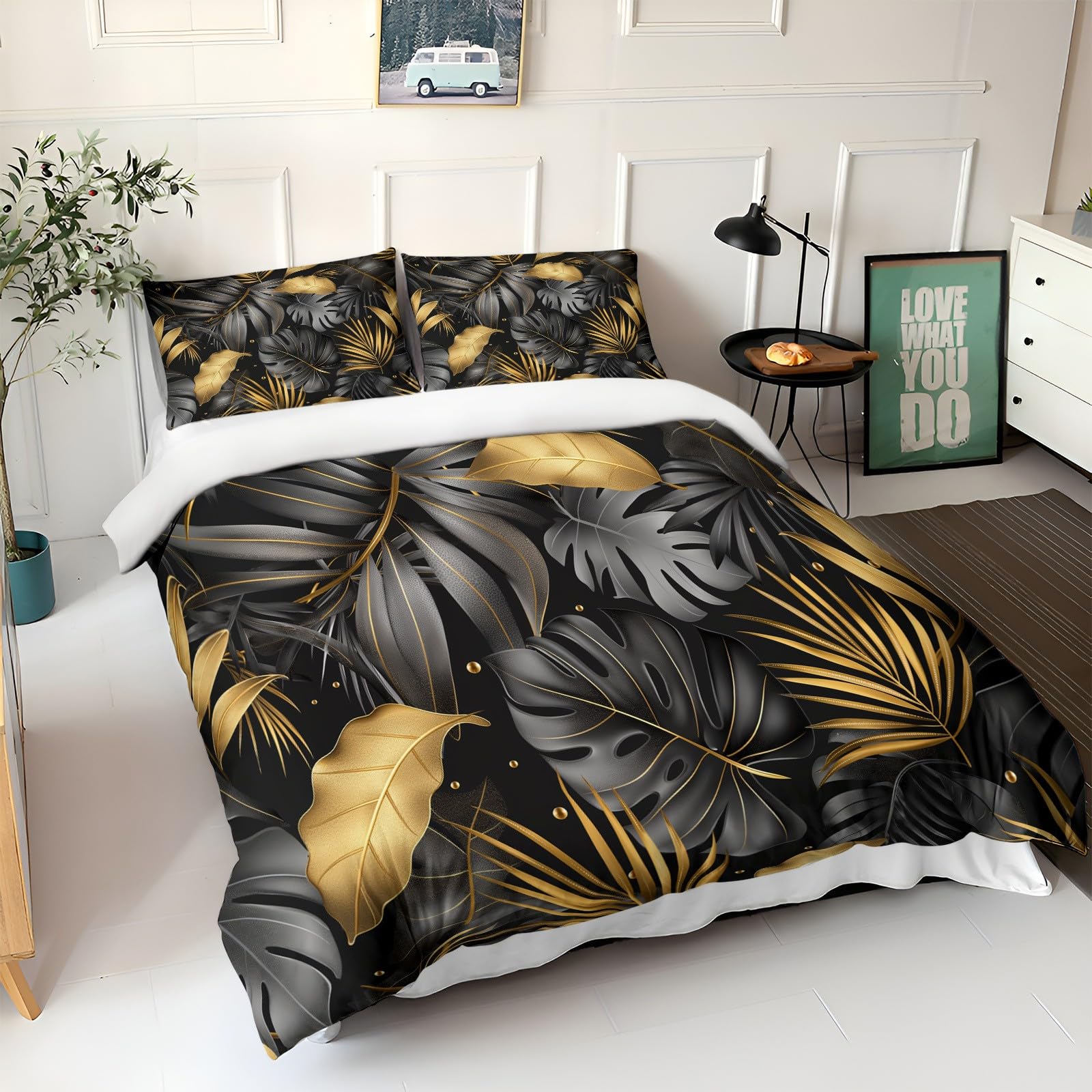 Housse De Couette 90x190 Cm + 2 Taies 65x65 - Microfibre Douce, Imprimé Feuilles Tropicales Réversible, Fermeture Zip Et Sangles D'angle