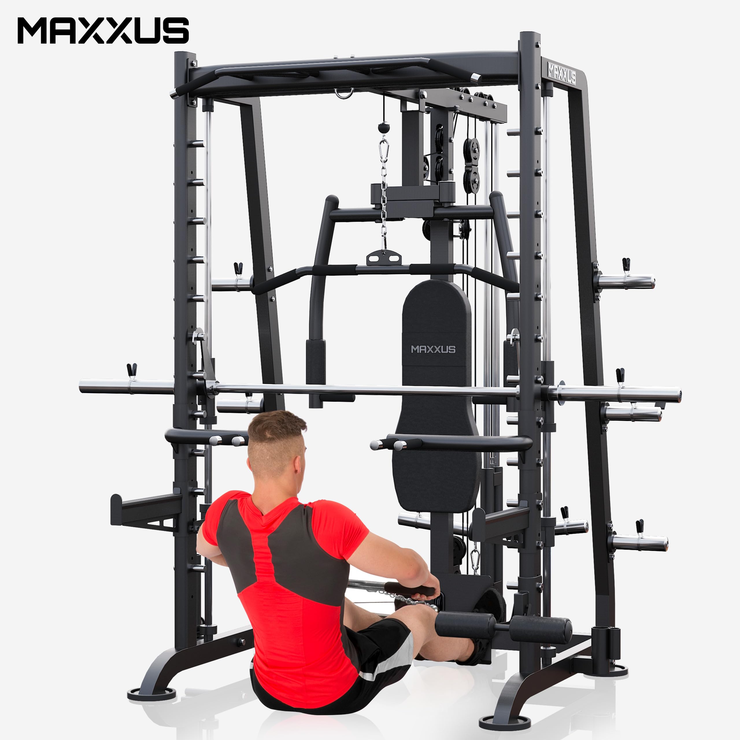 MAXXUS Kraftstation Multipresse 8.1 – Smith Machine mit Hantelbank, Butterfly, Kabelzug, Latzug, Klimmzugstation & Dip-Station, bis 250 kg für Zuhause