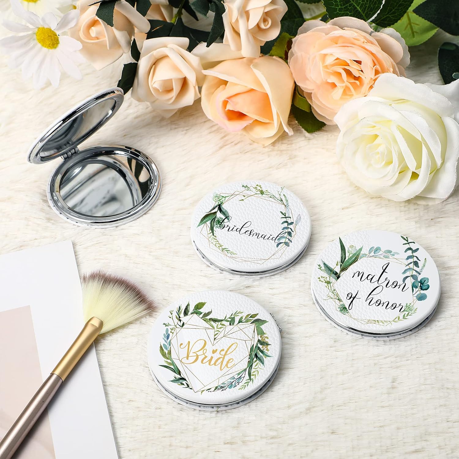 Unittype 8 Pack Bridesmaid Gifts Compact Mirror Bridesmaid Proposal Gifts for Bridal Shower Wedding Floral Round PU Leather Makeup Mirrors for Women Maid of Honor Matron of Honor - Image 3