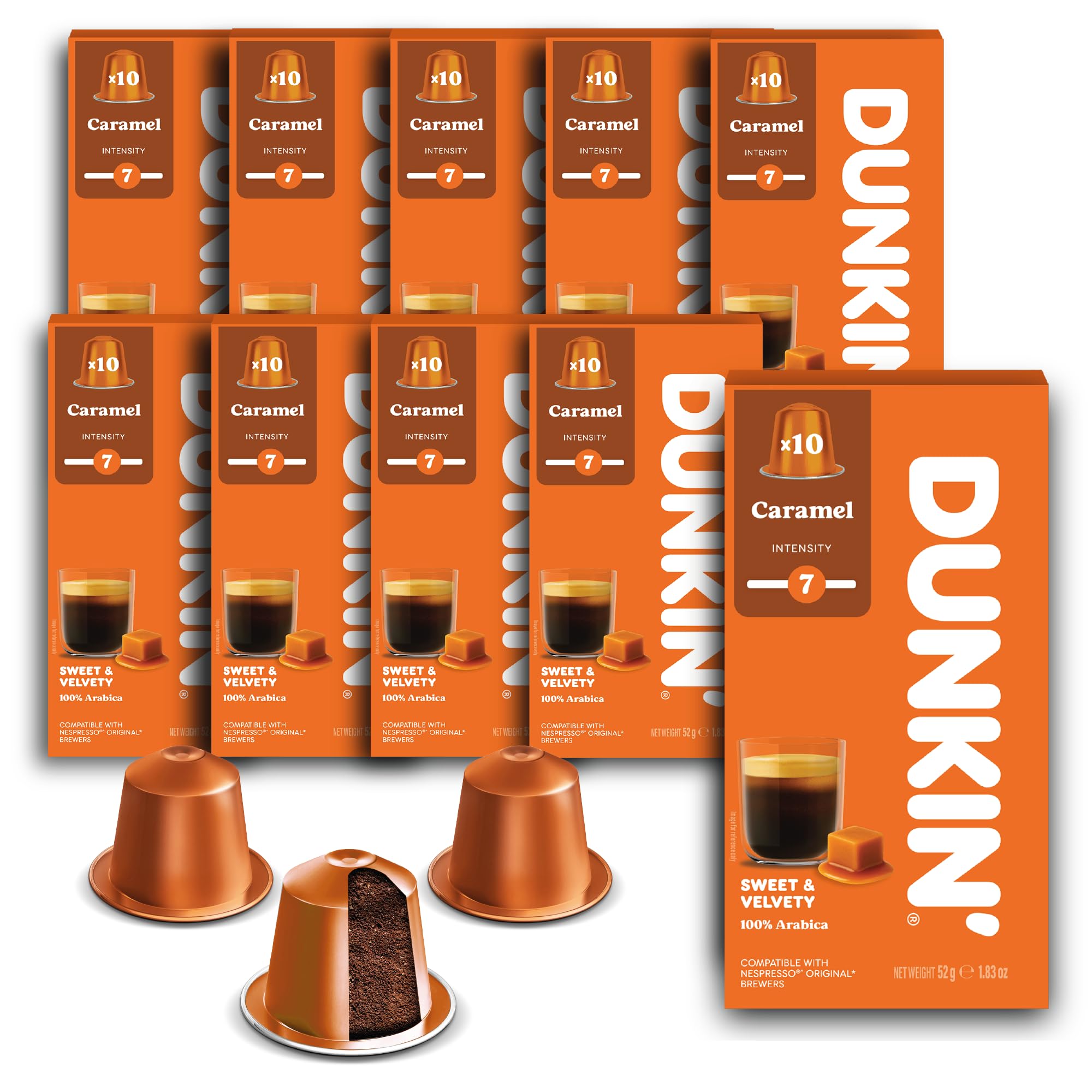 Café Caramel Dunkin' Donuts – 100 cápsulas de café, compatibles con las máquinas de cápsulas Nespresso – Tostado ligero con un toque de caramelo – Café cremoso, cremoso y aromático