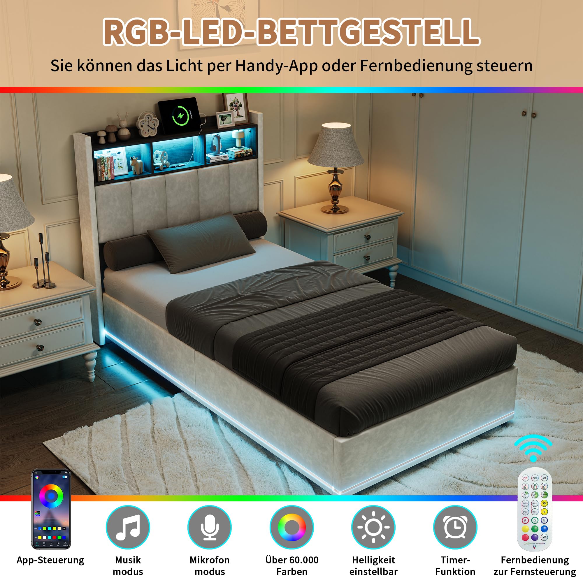 Łóżko tapicerowane, podwójne, 90 x 200 cm, zagłówek ze schowkiem LED i USB, łóżko hydrauliczne 90 x 200 cm, ze skrzynią na pościel i stelażem, oparcie z litego drewna i aksamitu