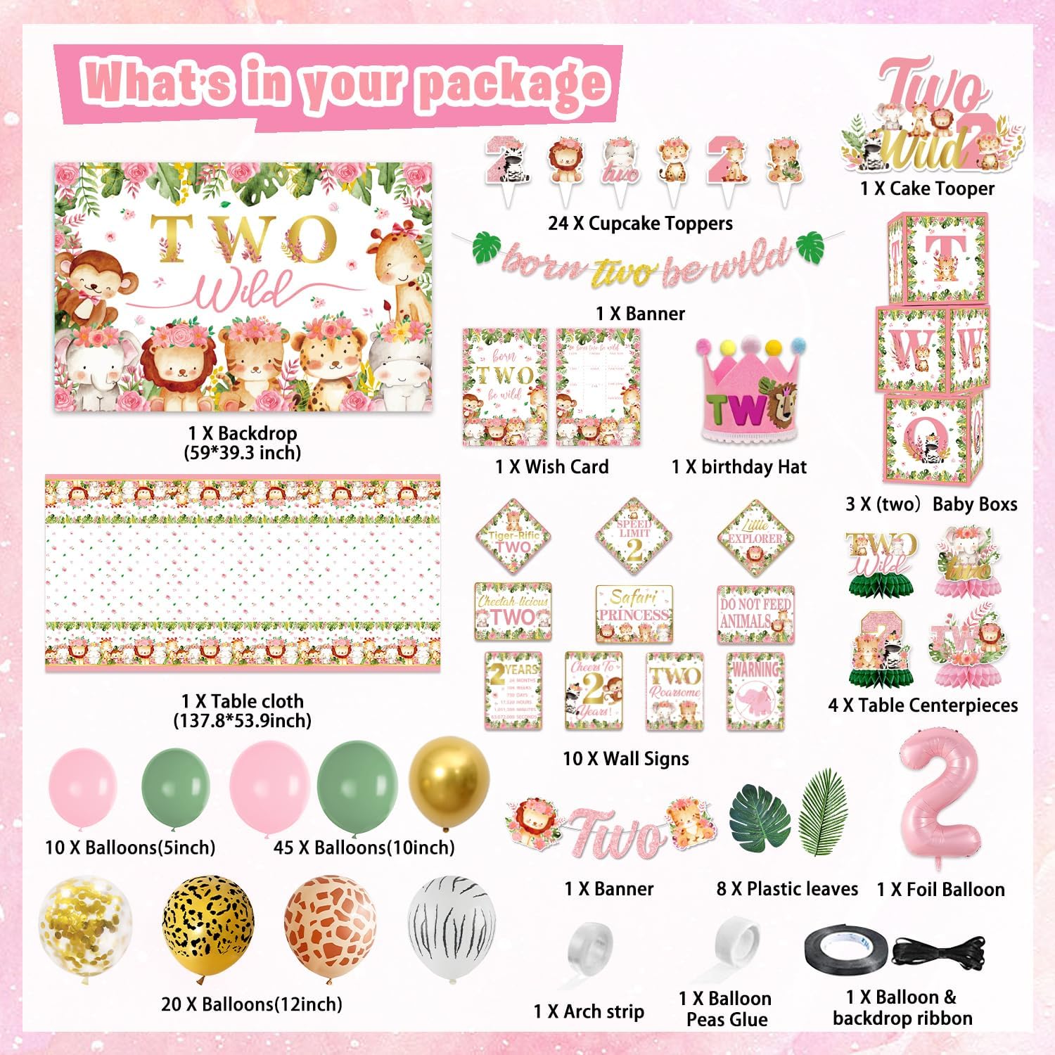 Mpanwen Two Safari Wild Birthday Decorations Girl, 132Pcs Pink 2nd Jungle Party Decor Supplies for 2 Years Old Girls - Backdrop, Tablecloth, Palm Leaves, Centerpiece, Crown, Poster, Wall Signs, Blocks