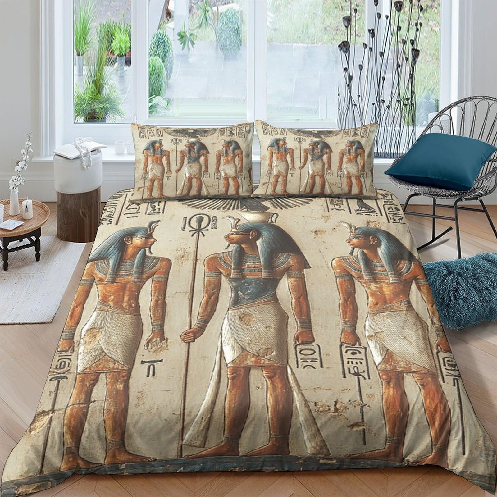 Ctjqhvkz Style-1 3D Printed Egyptian Pharaoh Pattern Fitted Sheet Microfiber Soft Breathable Ancient Hieroglyph Bed Cover For Bedroom Dorm Mattress Decor Single（135X200cm）