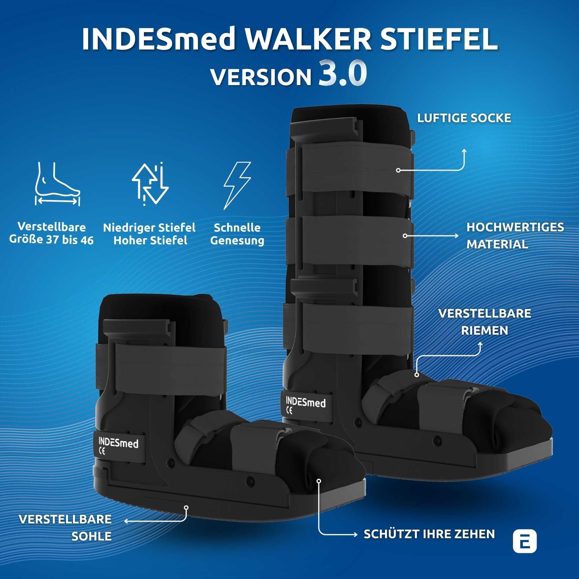INDESmed| Gehschiene Orthopädischer Walkerstiefel V.3 | Frakturstiefel, Post op schuh - Recovery Boots | Kurz & Langstiefel, Verstellbar 37 bis 46 | Hilfsmittel-Nr. 23.06.01.0079