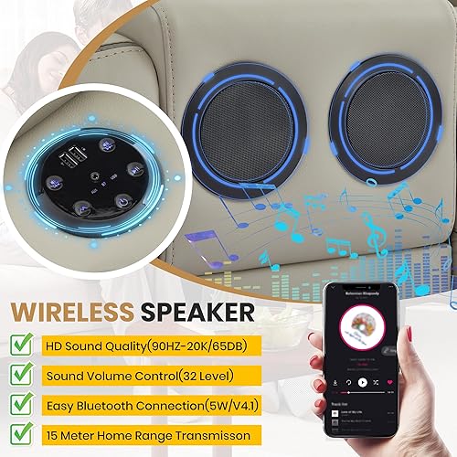 Miniatura 4 de Juego de sofá reclinable eléctrico con luz de lectura LED táctil y altavoces Bluetooth, sofá reclinable reclinable con consola de