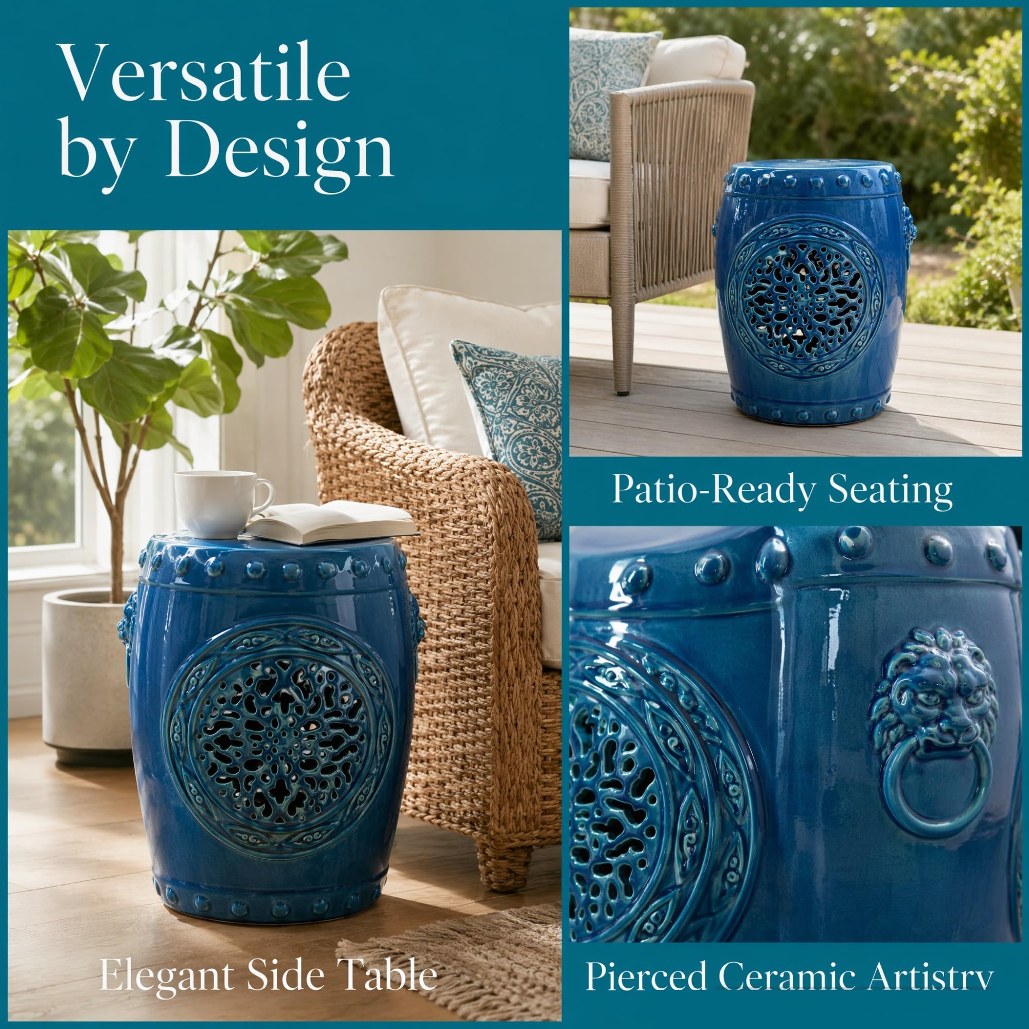 Dekorativer Trommelhocker im Chinoiserie-Stil für Terrasse und Garten (Blau1)