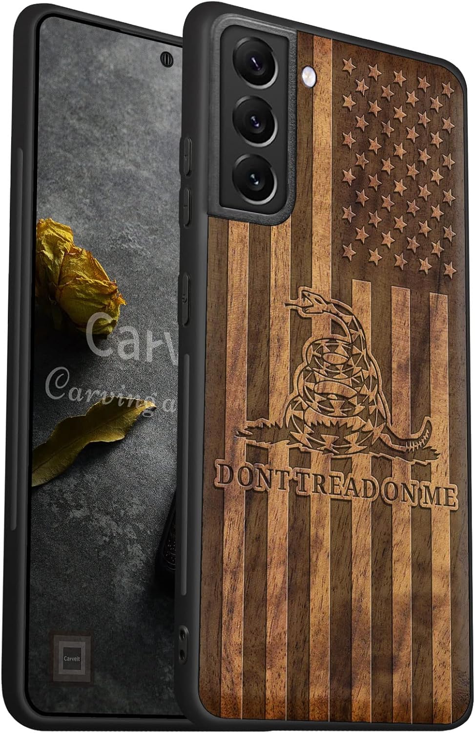 Carveit Wood Case for Galaxy S22 Ultra Case [Natural Wood & Black Soft TPU] Shockproof Protective Cover Unique & Classy Wooden Design Compatible with Samsung S22 Ultra (Gadsden Flag-Walnut)