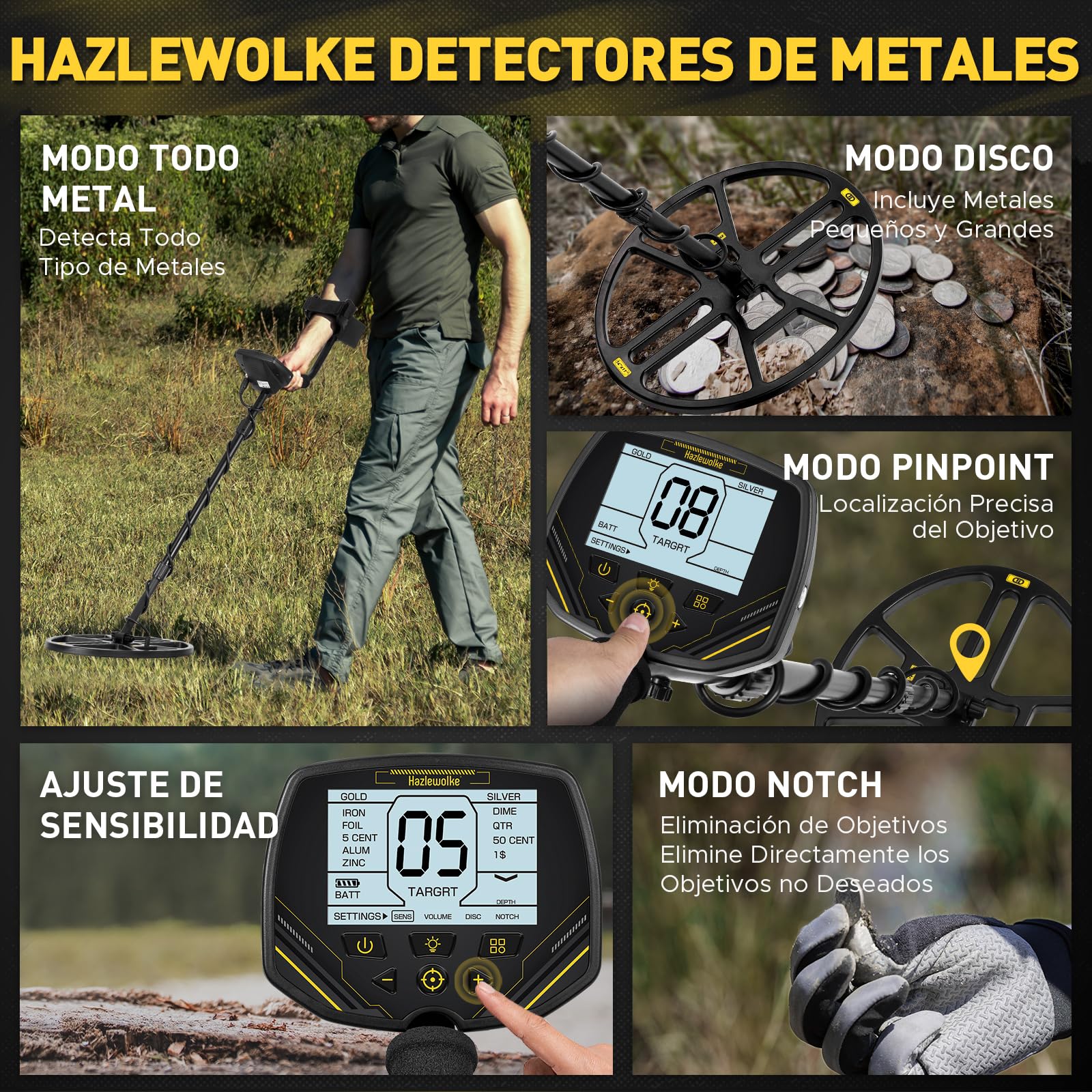 Hazlewolke Detector de Metales con Bobina de Búsqueda de 14'' Grande Doble D Impermeable,4 Modos,Alta Sensibilidad y Localización,Detector de Metales Profesional con Pantalla LCD Retroiluminada - DD90