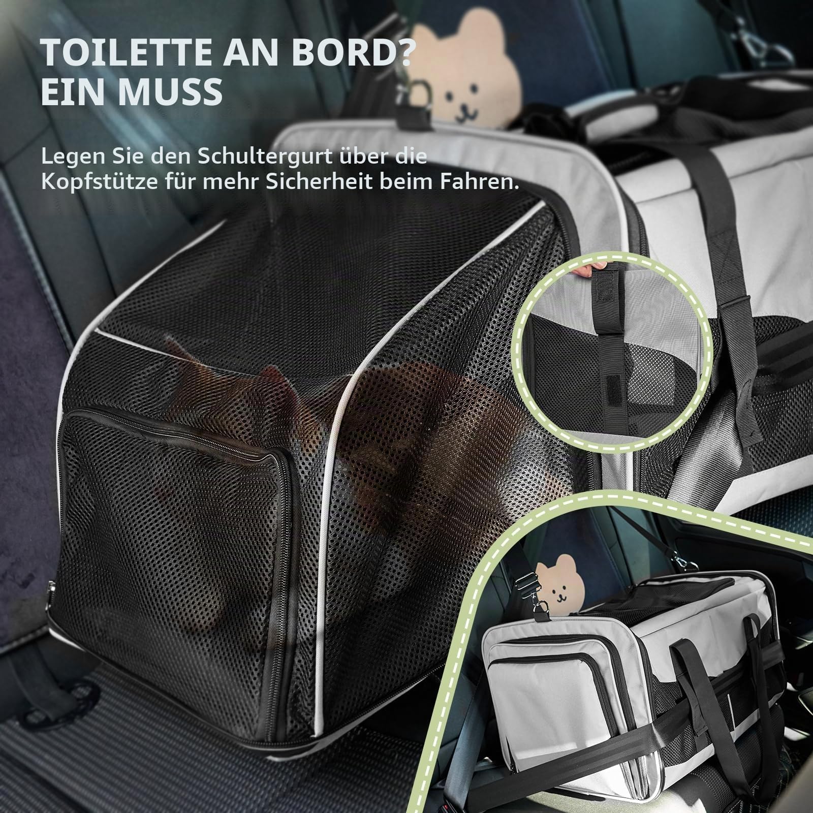 Katzentransportbox für 2 Katzen, Faltbar & Erweiterbar, Mit 2 Klappkatzenklos & Trennwand, Atmungsaktiv, Für Auto & Reise,Bis 7kg Belastbar, Grau