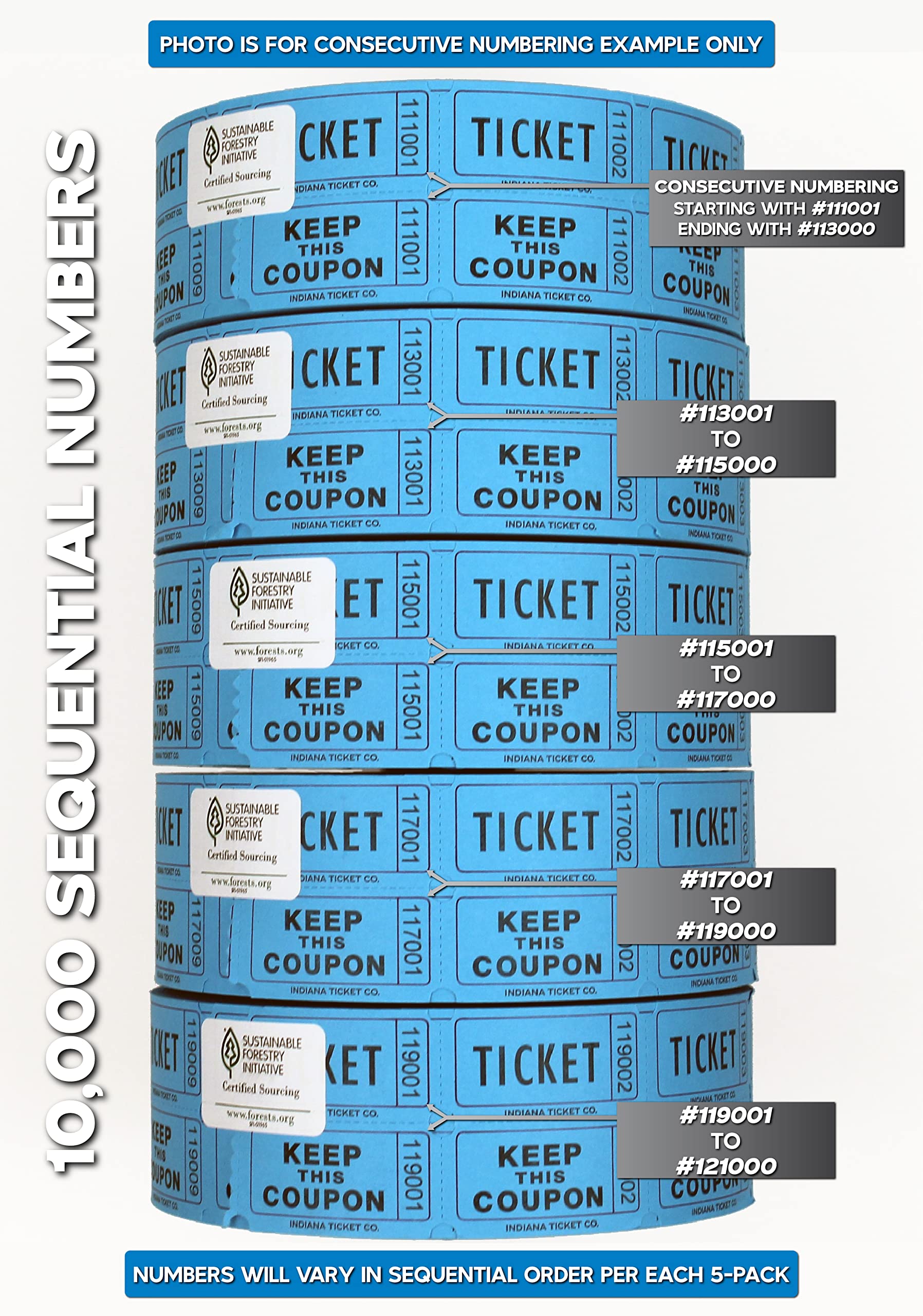 INDIANA TICKET CO. 10,000 Blue CONSECUTIVELY Numbered Raffle Tickets.