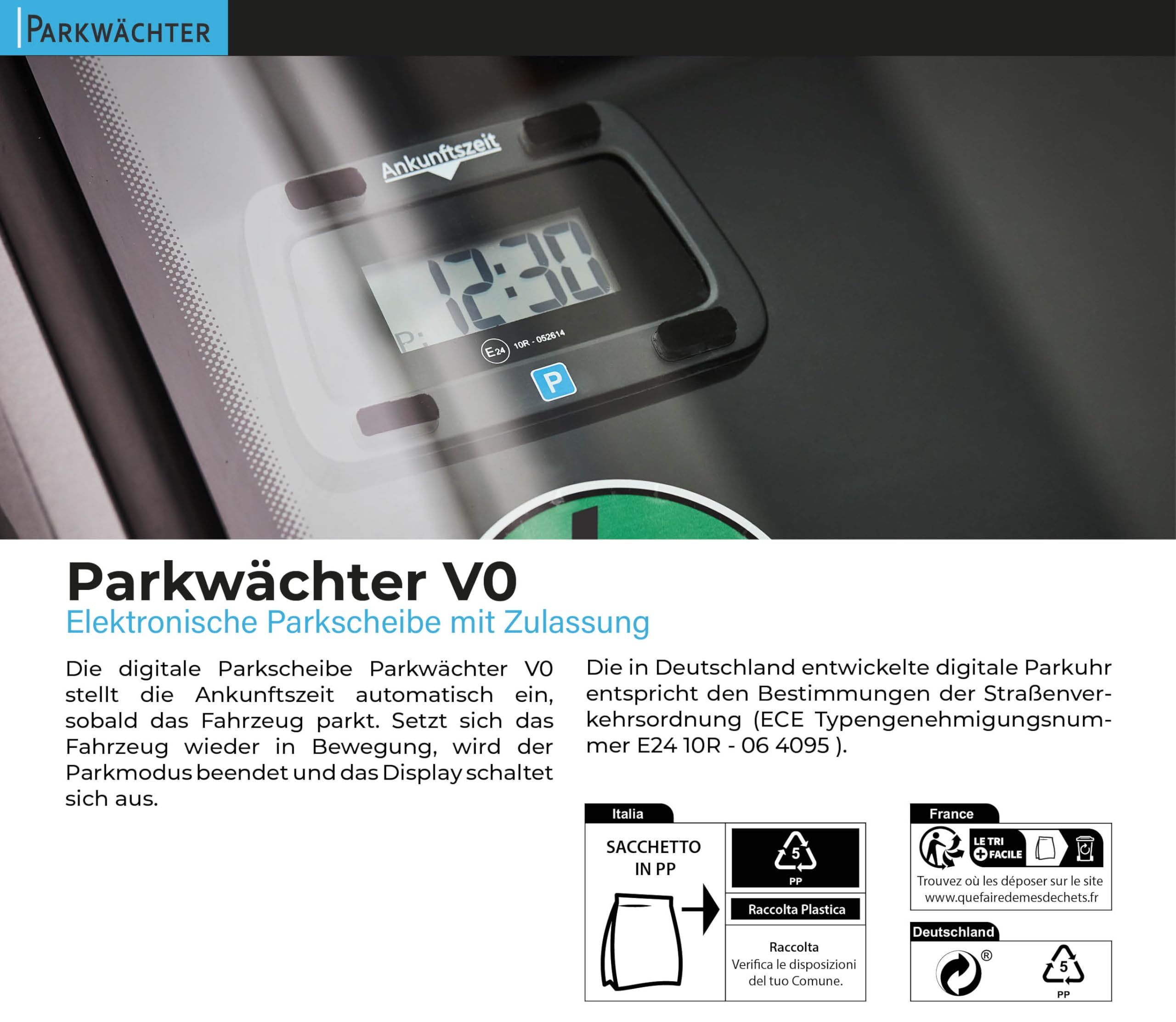 Parkwächter V0 Digitale Parkscheibe mit 2 Scheibenadapter, entspricht der Straßenverkehrsordung, elektronische Parkuhr für das Auto in blau 111 x 72 x 25 mm