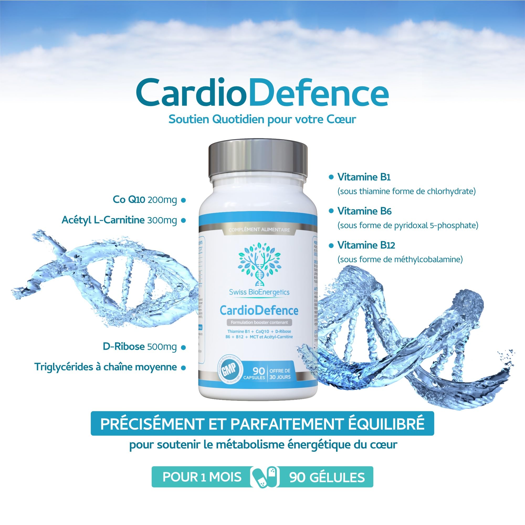 CardioDefence - équilibre précis de CoQ10, D-ribose, acétyl L-carnitine, vitamines B et MCT- contribuer à fonction normale du cœur et réduire la fatigue - 90 gélules