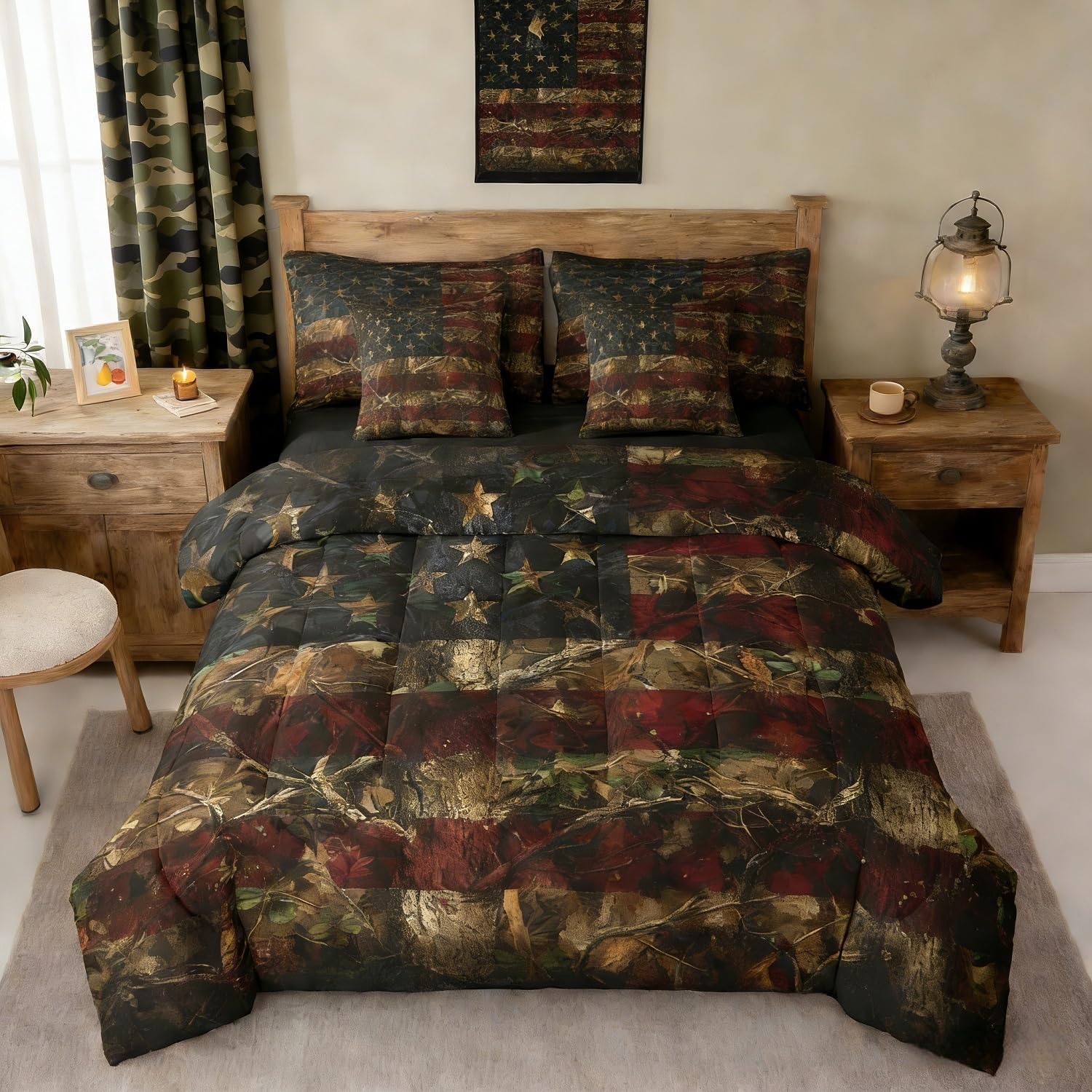 Erosebridal American Flag Bed in A Bag Rustic Woodland Camo Bedding Set Tree Camouflage Hunting Full Comforter Set with Sheets 7 Piece for Boys Teen Men,Farmhouse Cabin Lodge Bed Set