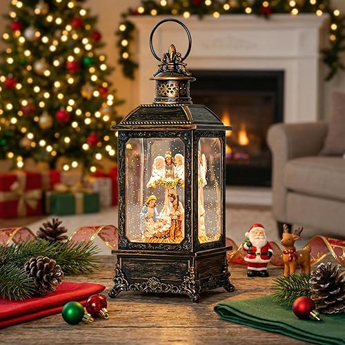 Miniatura 6 de Globo de nieve de Navidad iluminado con ángel y escena de natividad, linterna musical de agua con purpurina giratoria, funciona con pilas o funciona