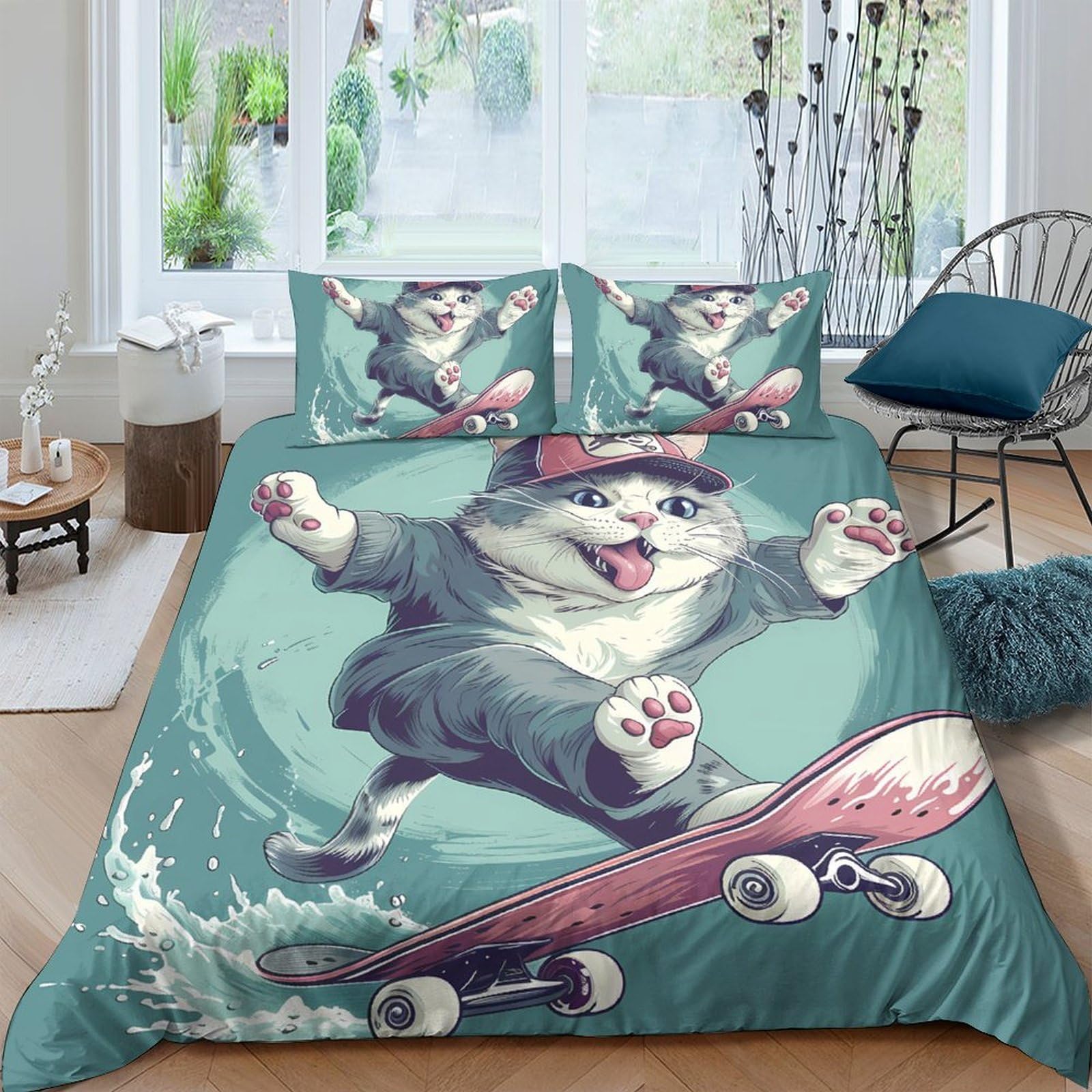 Ctjqhvkz Style-3 3D Printed Skateboard Cat Fitted Sheet Microfiber Cartoon Animal Mattress Cover For Bedroom Dorm Room Protection Decor Single（135X200cm）