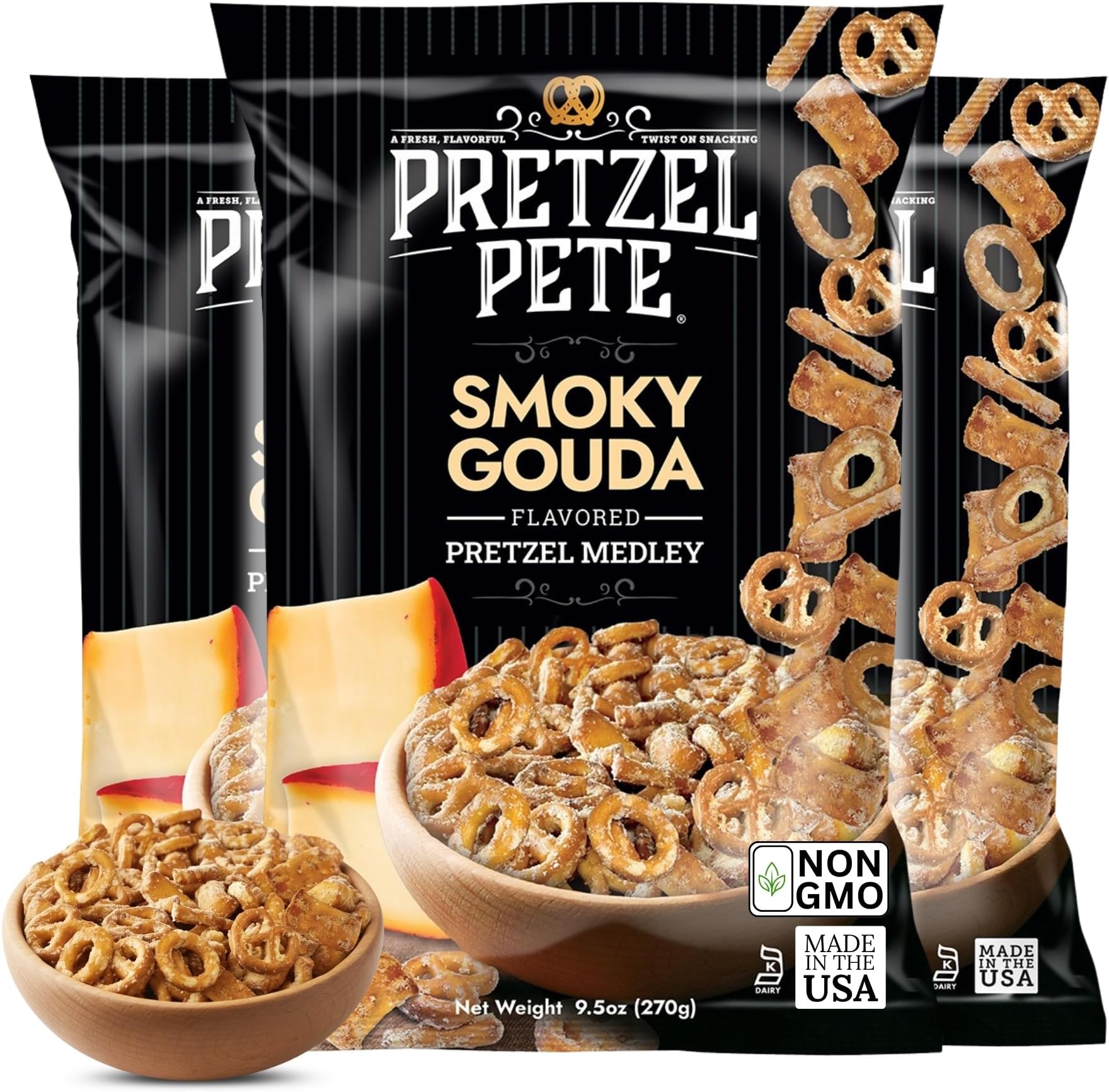 Smoky Gouda Pretzel Medley Seasoned Pretzel Medley, Nut-Free and Sesame-Free Snack, Small Batch, Bold Flavor (9.5oz, Pack of 3)