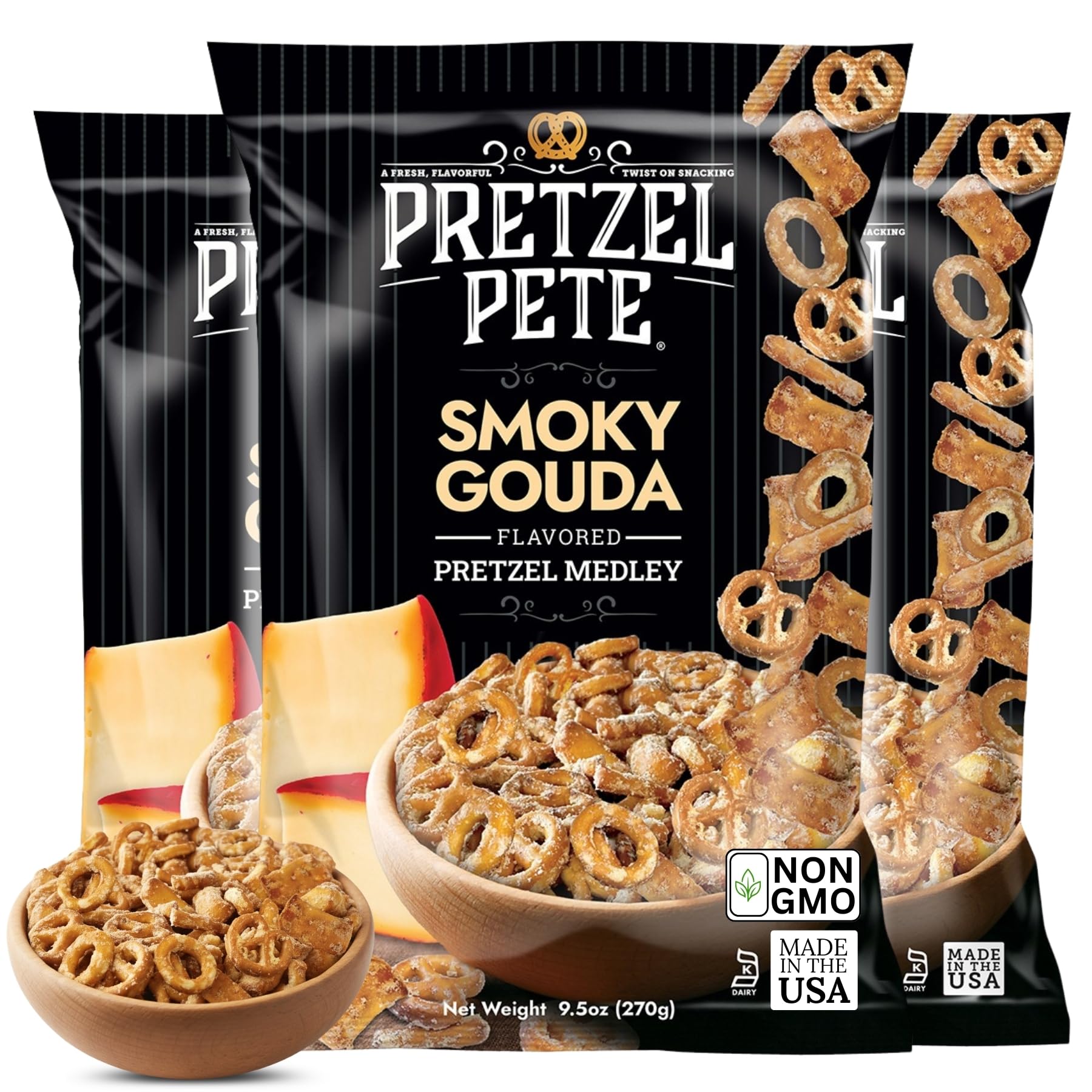 Smoky Gouda Pretzel Medley Seasoned Pretzel Medley, Nut-Free and Sesame-Free Snack, Small Batch, Bold Flavor (9.5oz, Pack of 3)