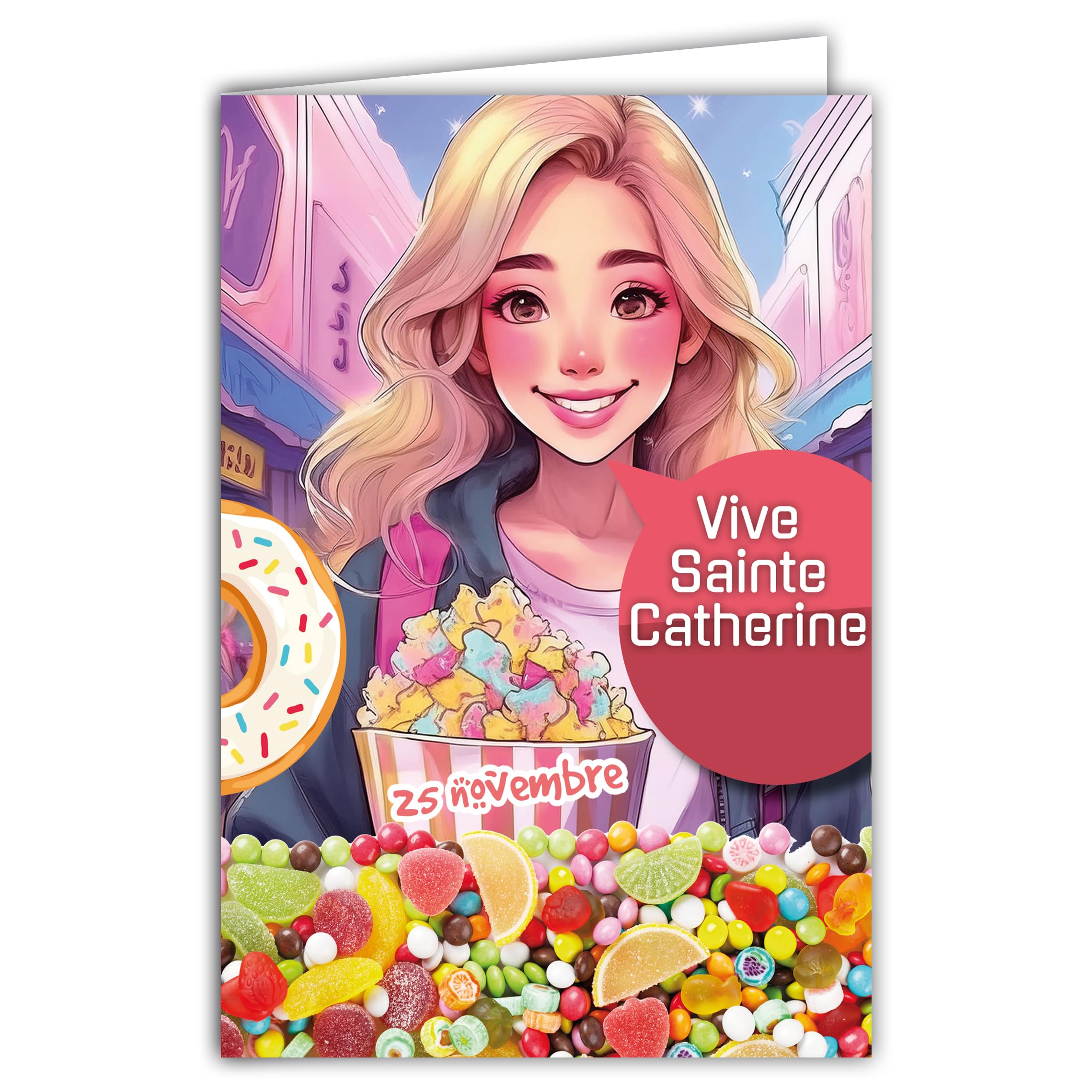 68-1343 Vive Sainte Catherine 25 November Wish a Happy Birthday to a Young Girl Woman Gourmet Sweets Doughnuts Popcorn Cinema with White Envelope Format 12 x 17 cm