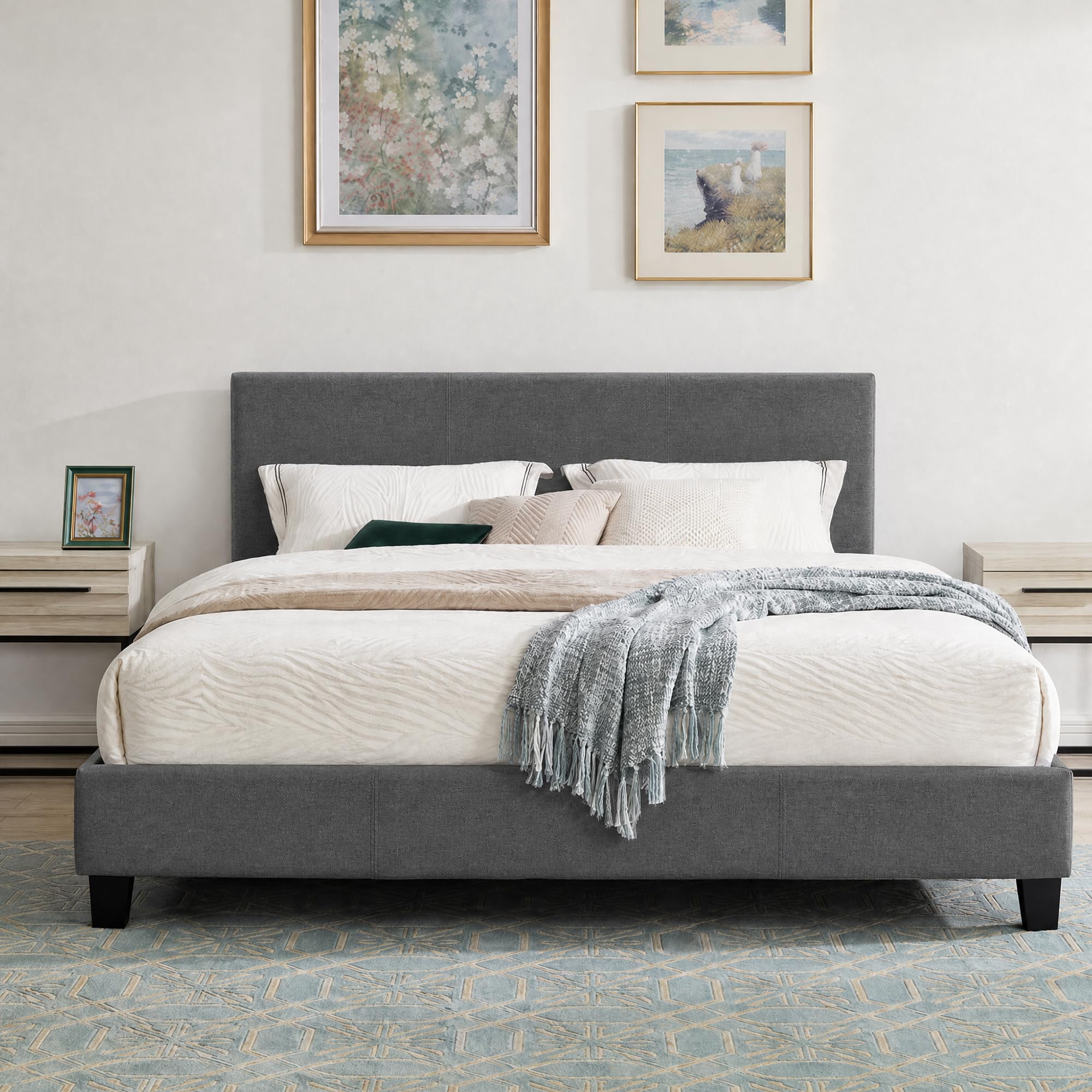 Comfy Living 4ft Small Double Bed Frame with Mattress, Upholstered Headboard, Bed Base with Wooden Slats, Dark Grey (with Kerri Mattress)