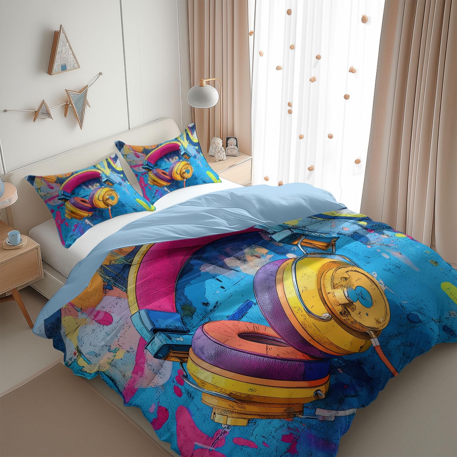 Set di biancheria da letto king size con cerniera nascosta, per ragazzi e ragazzi, motivo: cuffie e cuffie con musica hip-hop, blu, in morbida microfibra, con cerniera nascosta, 230 x 220 cm + 2