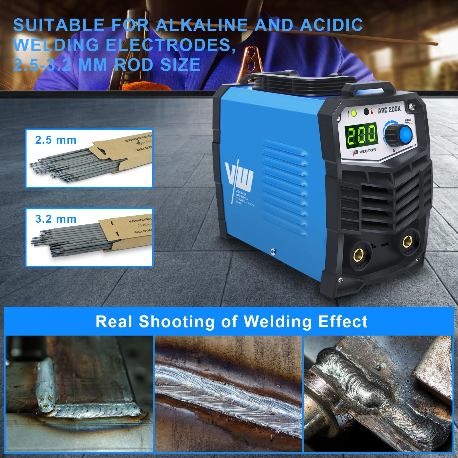 MMA zestaw spawarek elektrodowych | 9-cz??ciowy | od 10 do 200 A | funkcja Hotstart | ARC Force | kompaktowa i lekka | MMA/Stick/E-Hand | technologia IGBT | Vector Welding