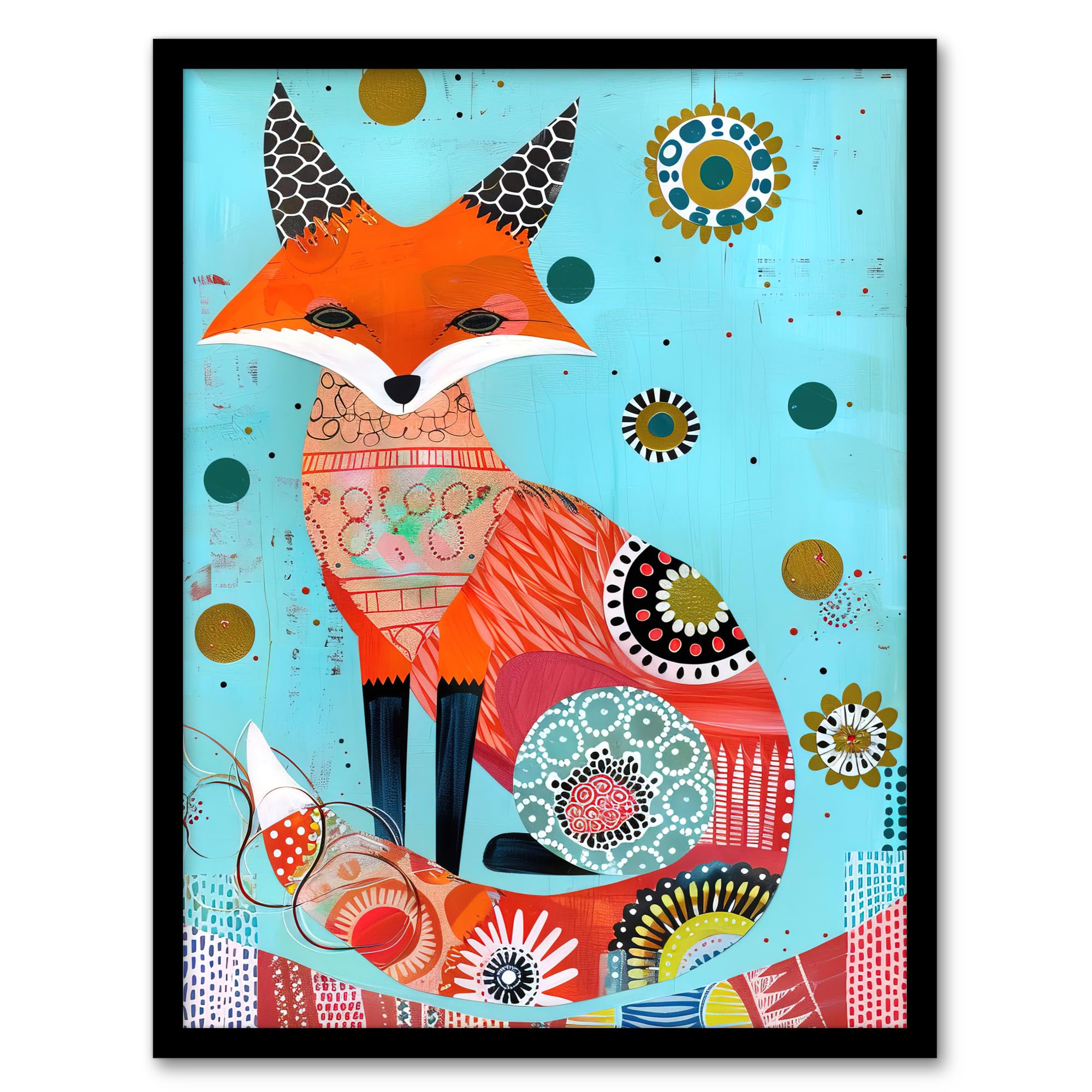 Artery8 Fox Folk Art Portrait Colourful Pattern Design Kids Bedroom Artwork Framed Wall Art Print A4