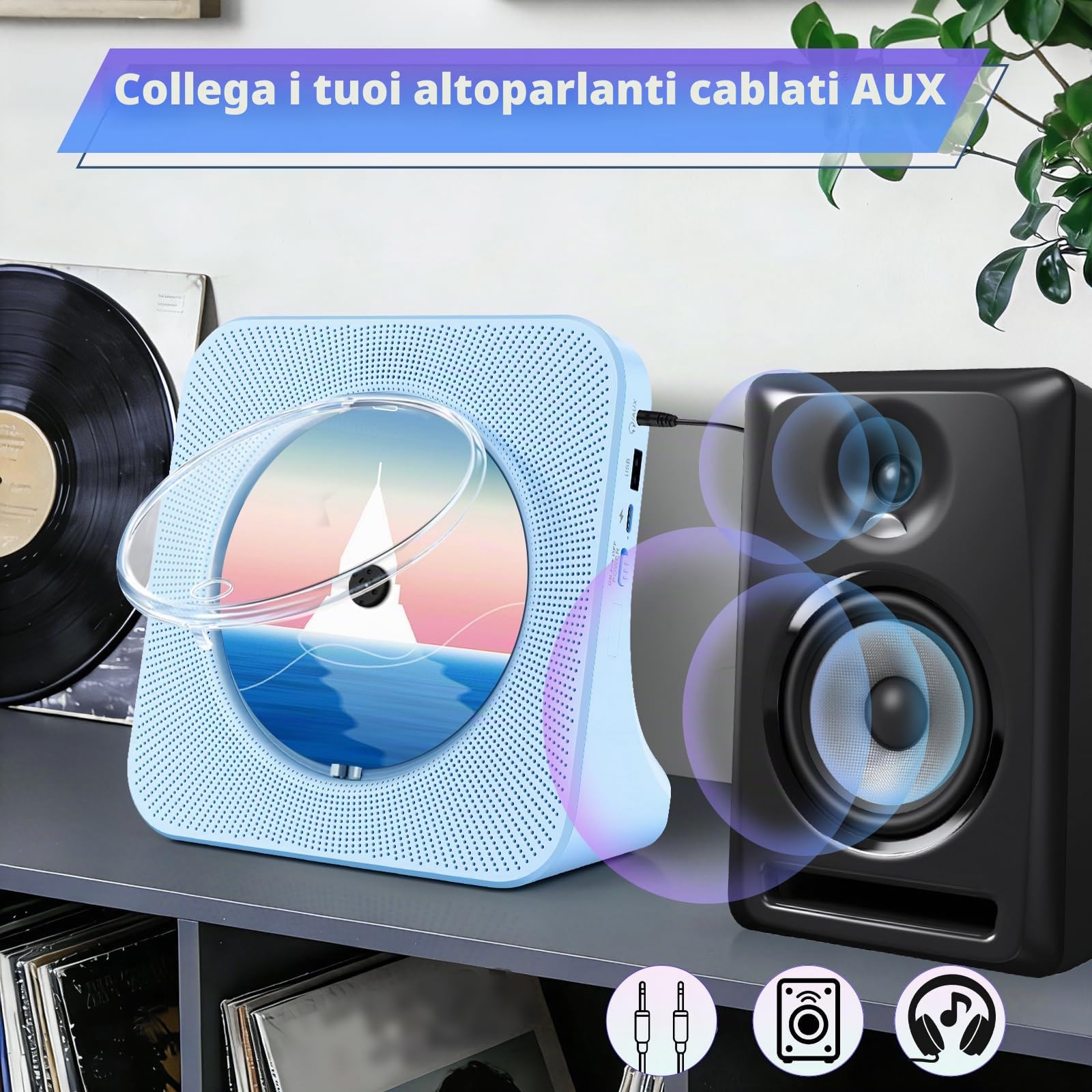 Lettore CD Portatile Casa, CD Player Bluetooth Casse Integrate con Timer