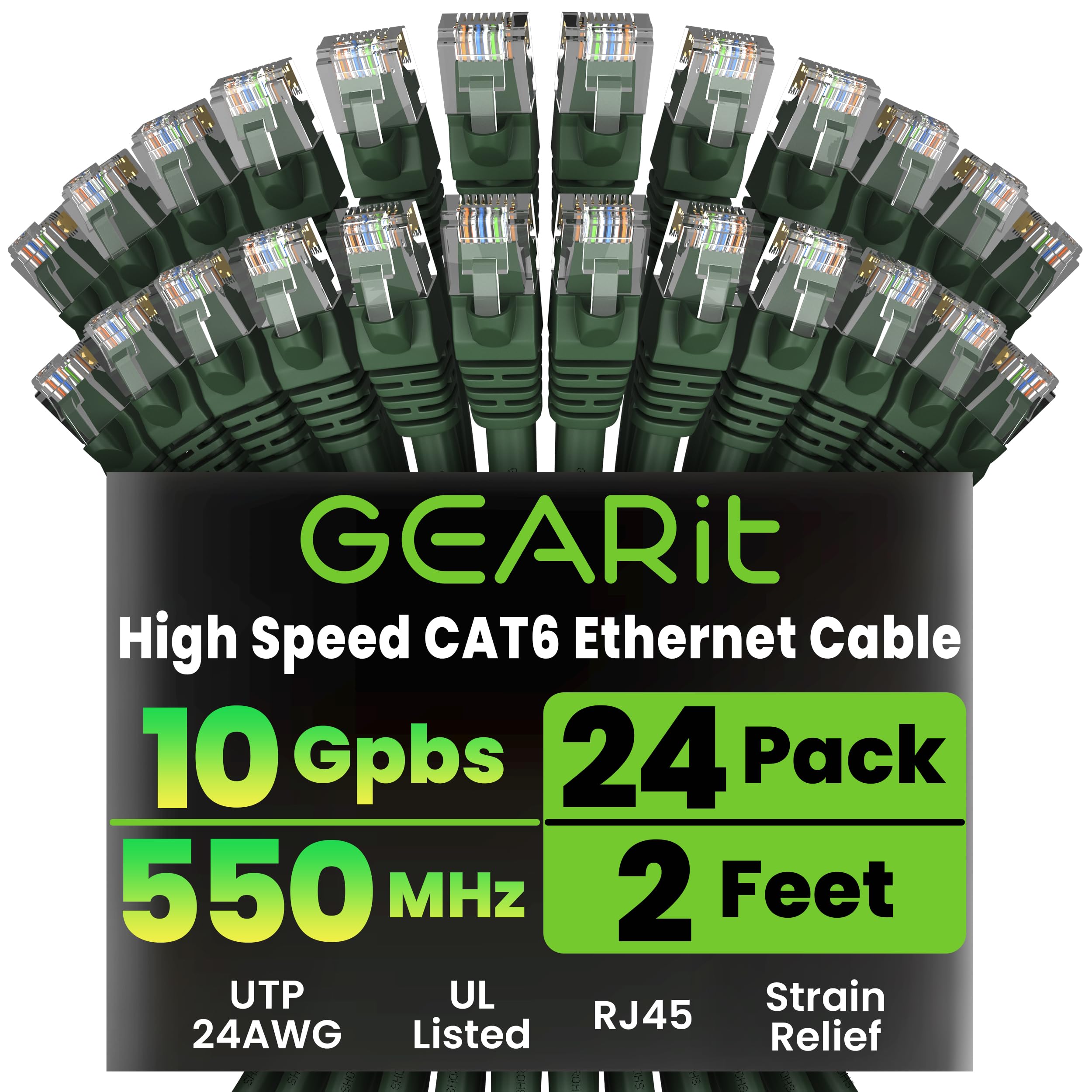 GEARit Cat 6 Ethernet Cable (24-Pack 2 Feet) Cat6 Network Patch, 10Gbps, RJ45, Snagless Cord, Gold-Plated Connectors, Internet for PC, TV, Tablet,