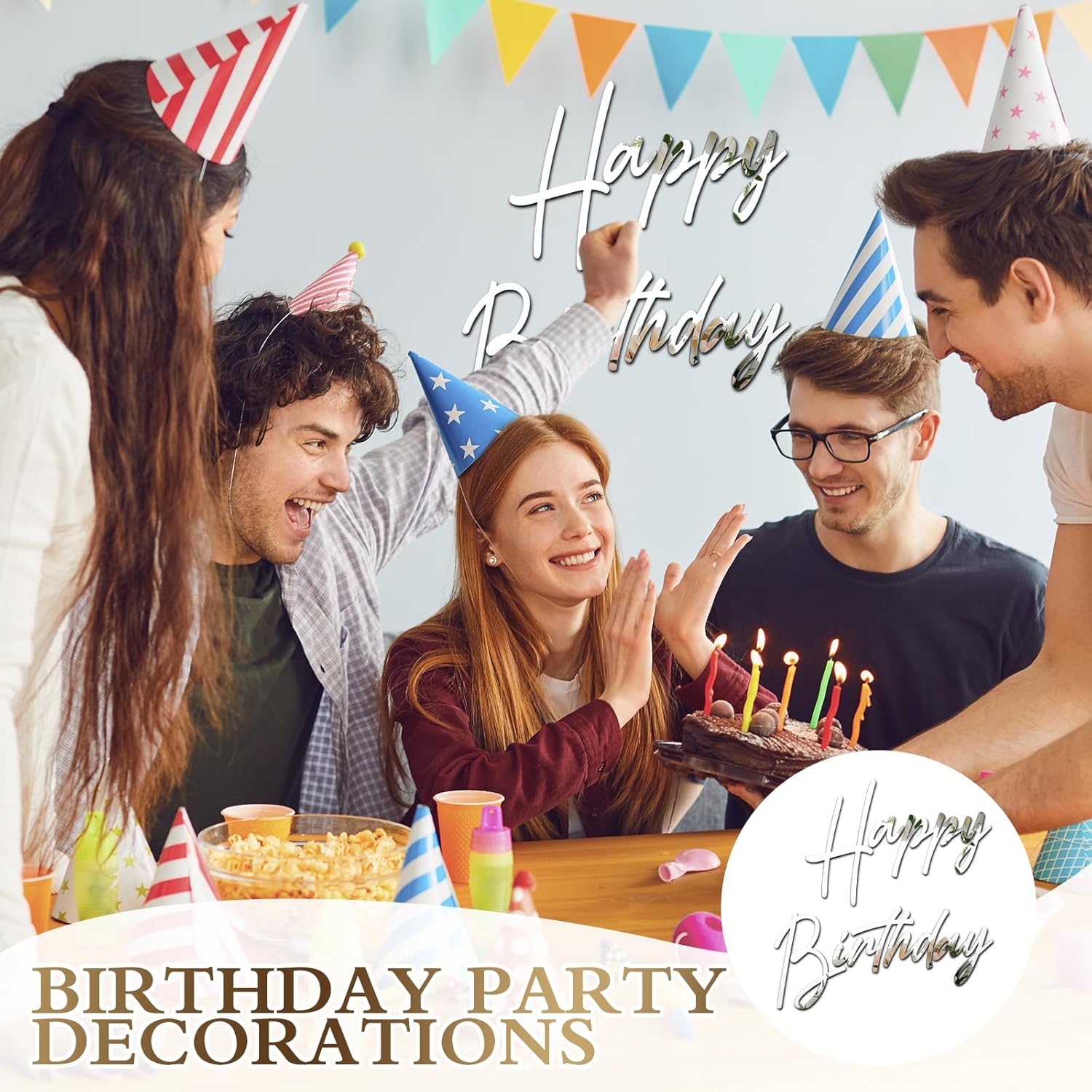 Yousoontic Happy Birthday Sign for Backdrop Large Happy Birthday Sticker Letter Acrylic Mirror Decal for Balloon Arch Party Sign Wall, Peel Off the Acrylic Film(23 x 20 Inches,Classic,Silver)