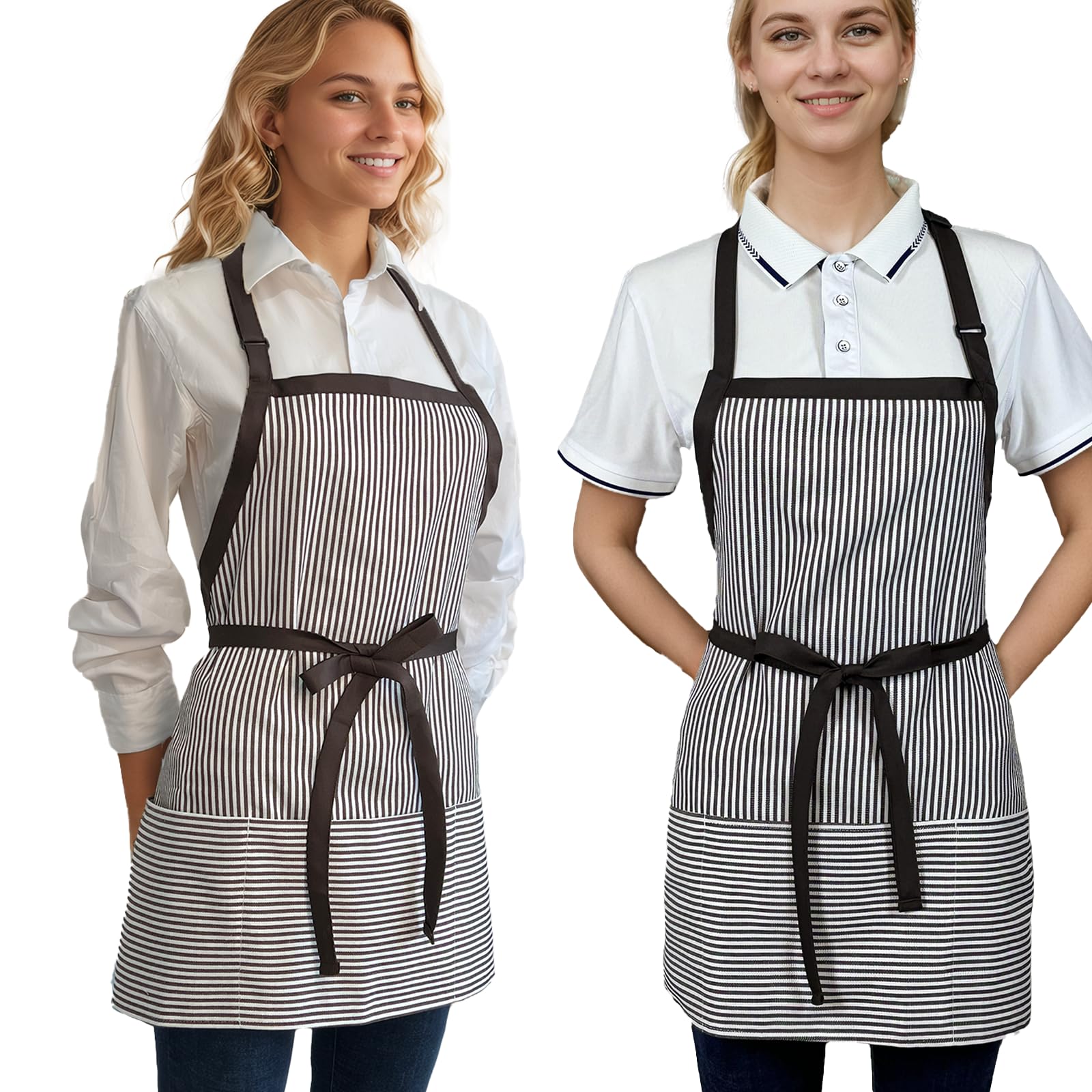 Delantal de cocina con 3 bolsillos, delantal ajustable para servidor, delantal de chef para hombres y mujeres (rayas negras y marrones)