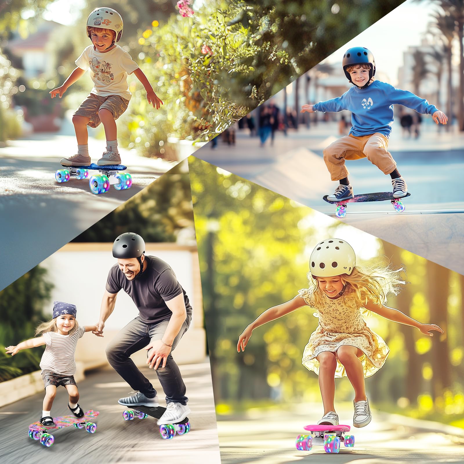 BELEEV Skateboard Complet Mini Cruiser pour Enfants 56cm, Adolescents, Adultes, Roues Lumineuses LED avec Clé de Type T, Tout-en-Un pour Filles Garçons Débutants