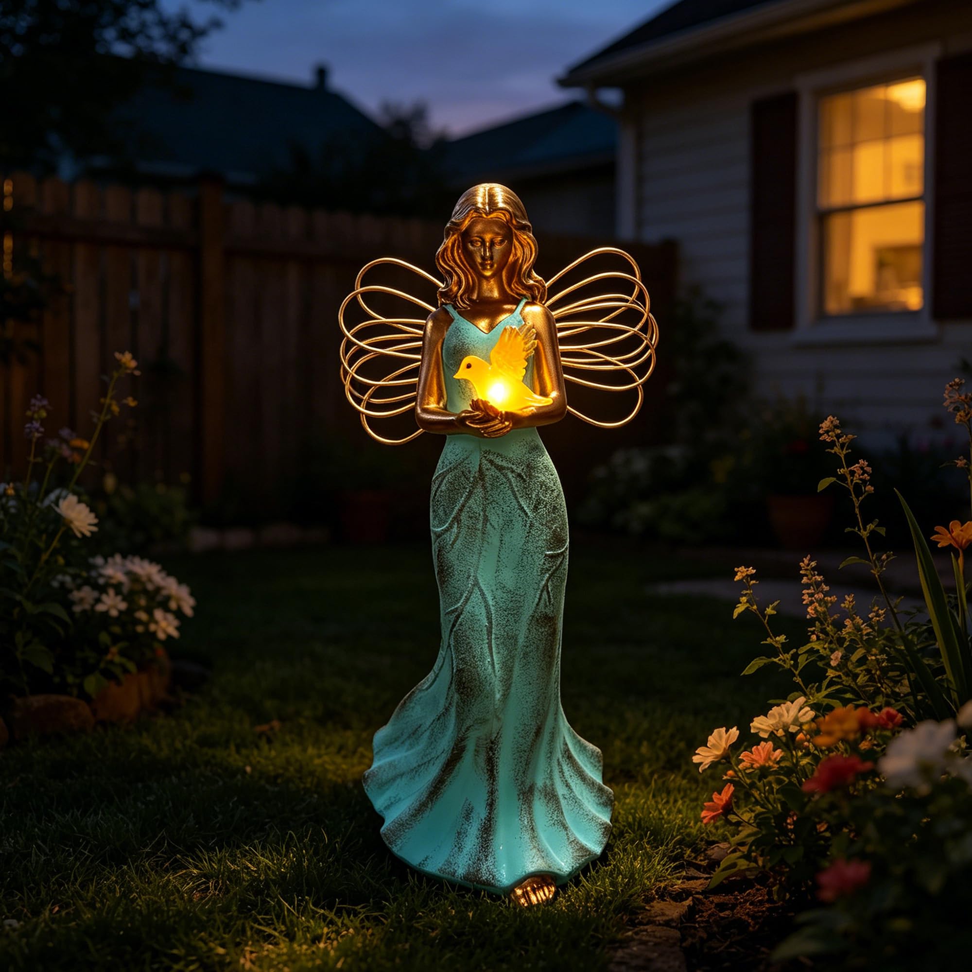 lifemet Garden Fairy Outdoor Statues - Resin Fairy Ornaments Holding Bird Solar Lights - Waterproof Angel Figurine Decorations for Patio Lawn Yard Decor, Gifts for Women Mum Grandma