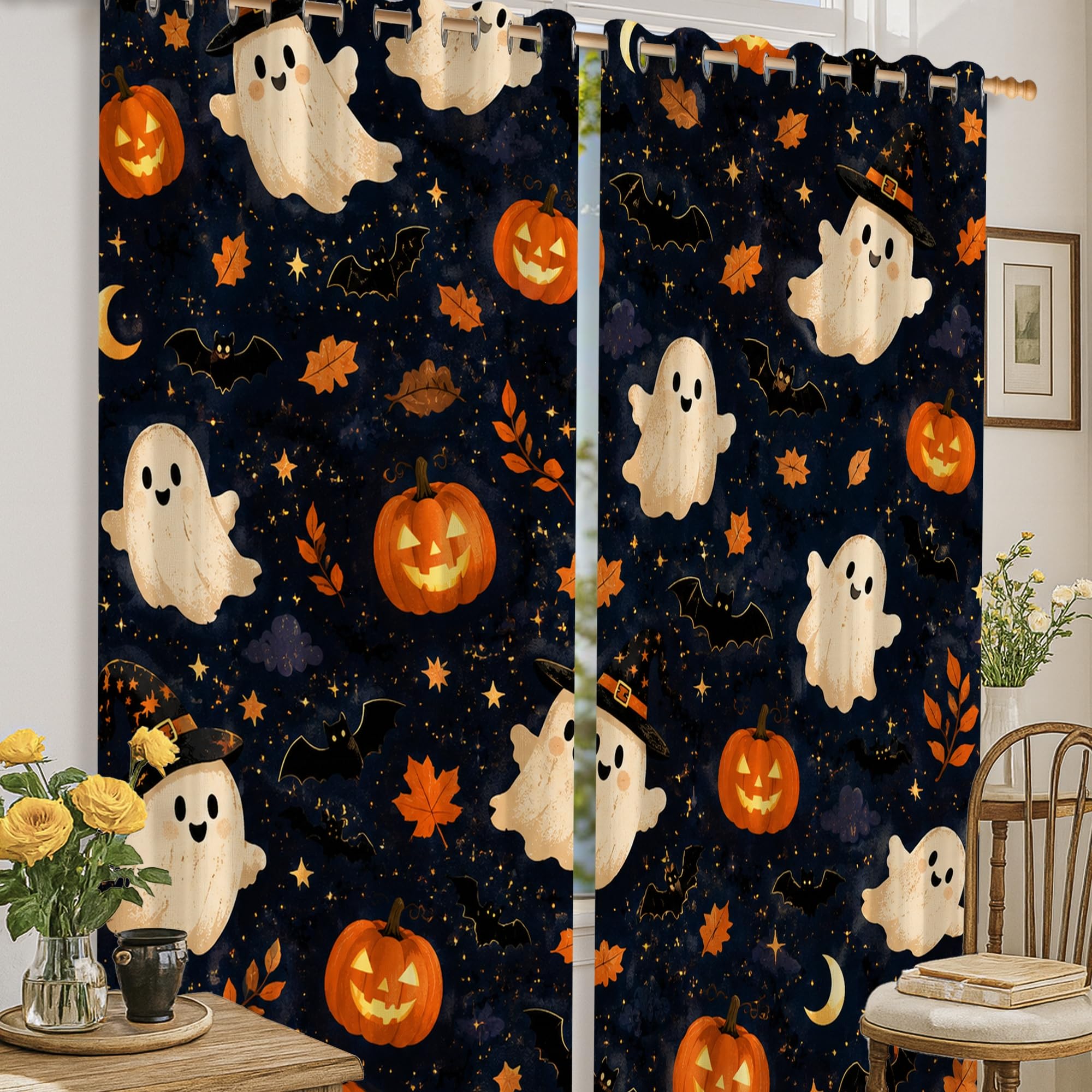 Rideaux occultants sans plis imprimé feuilles d'Halloween pour l'obscurité de la chambre