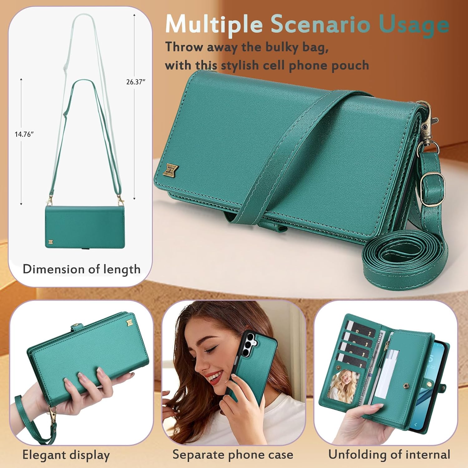 for Wallet Case Compatible with Samsumg Galaxy S25 Plus Multi-Function Detachable 2 in 1 Magnetic Phone Case Wallet,Flip Strap Zipper Card Holder Phone Case with Shoulder Straps (Green) - Image 5